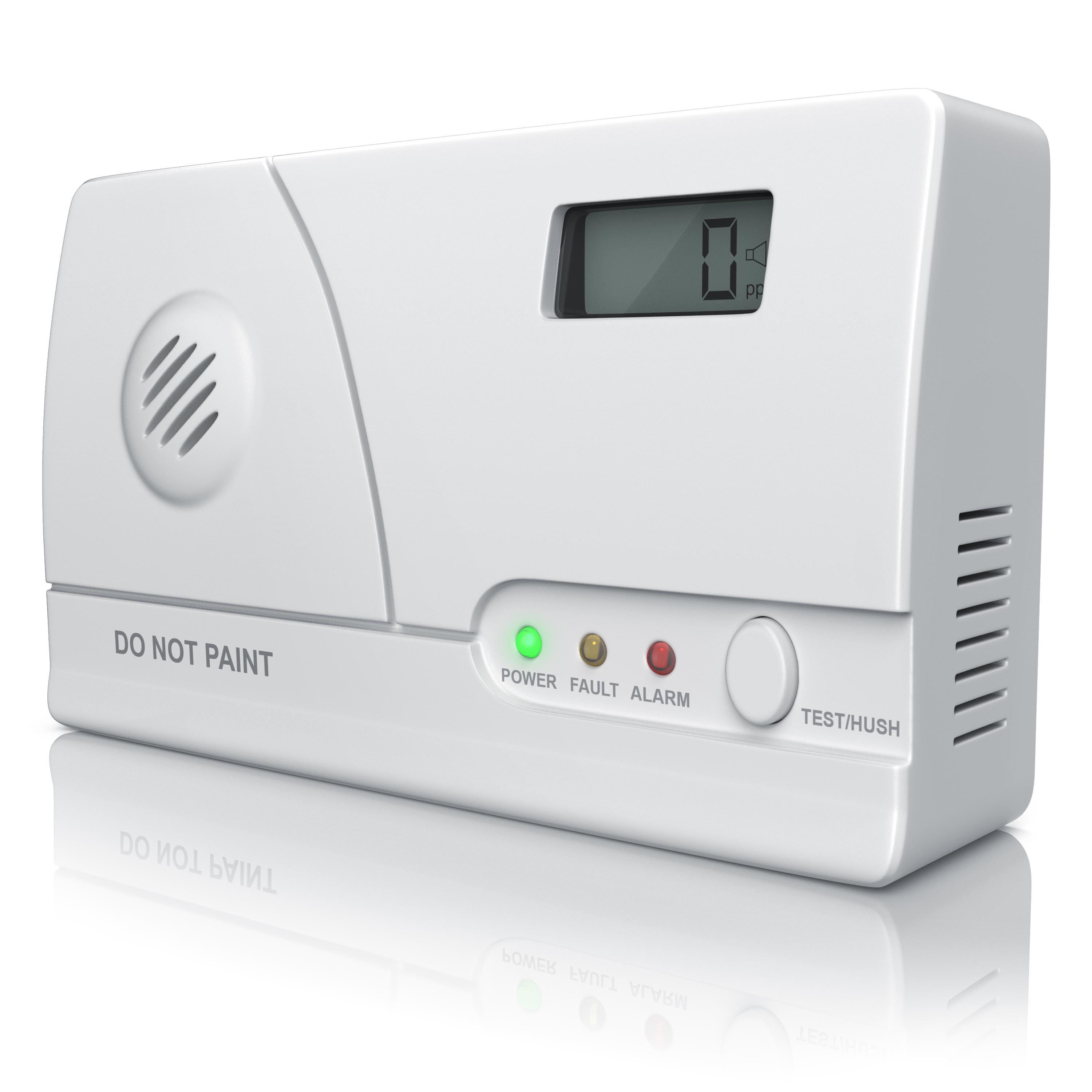 Brandson Kohlenmonoxidmelder in weiß mit digitalem Display, Tastenfeld und LED-Anzeigen für Strom, Fehler und Alarm.