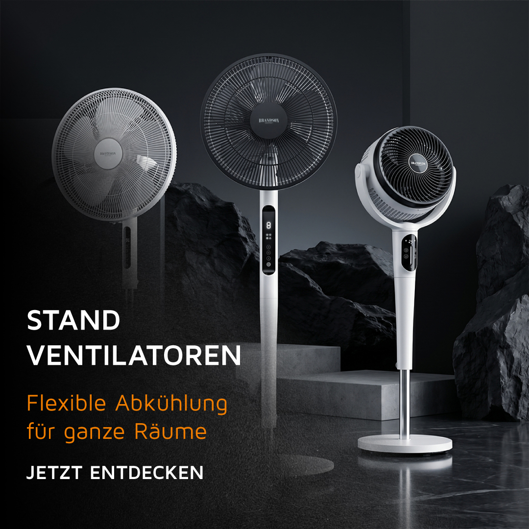 Brandson Standventilator im modernen Design, mit Bedienfeld und stabiler Basis, ideal für flexible Abkühlung in großen Räumen.