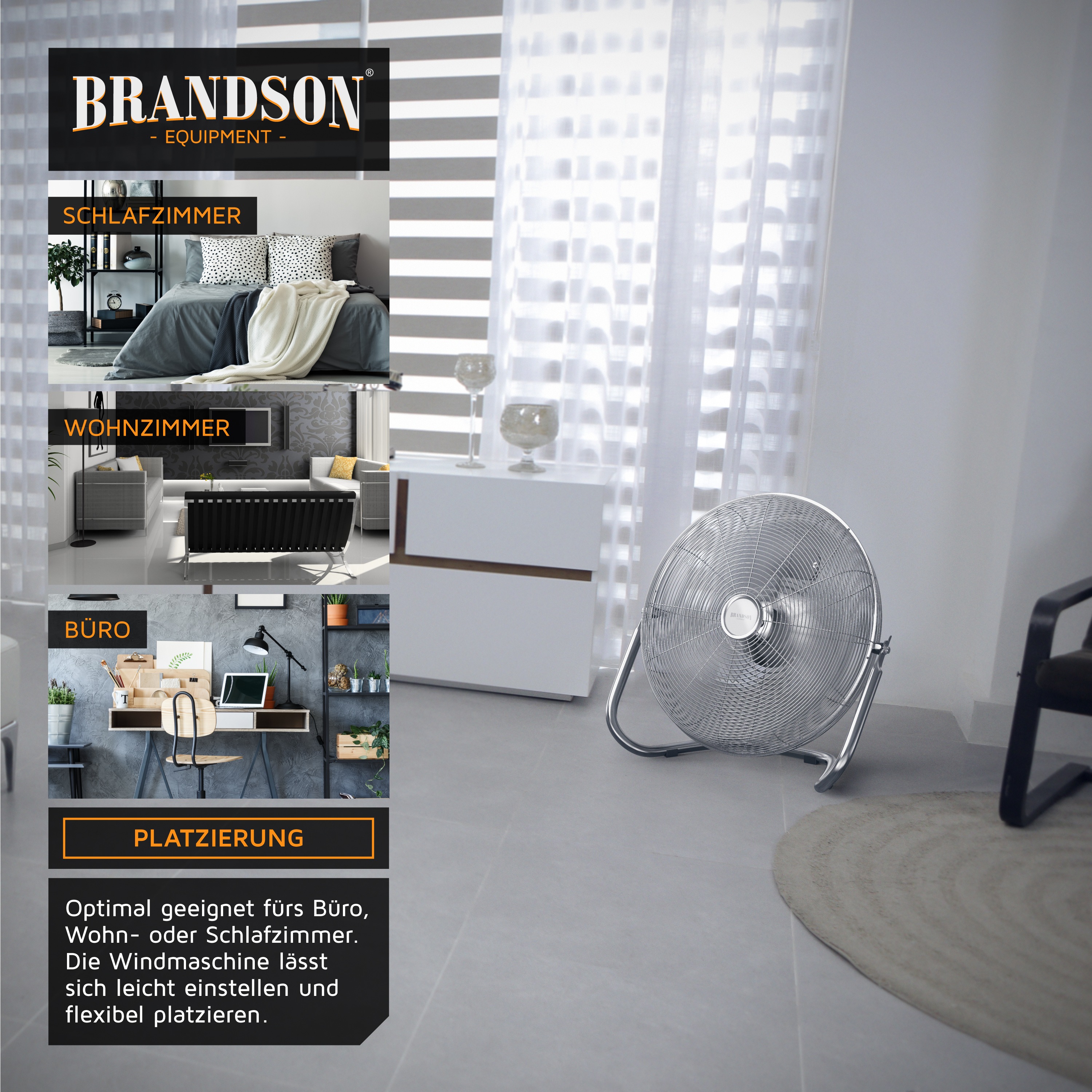 Brandson Windmaschine im modernen Design mit verchromtem Gehäuse, flexibel platzierbar für verschiedene Räume.