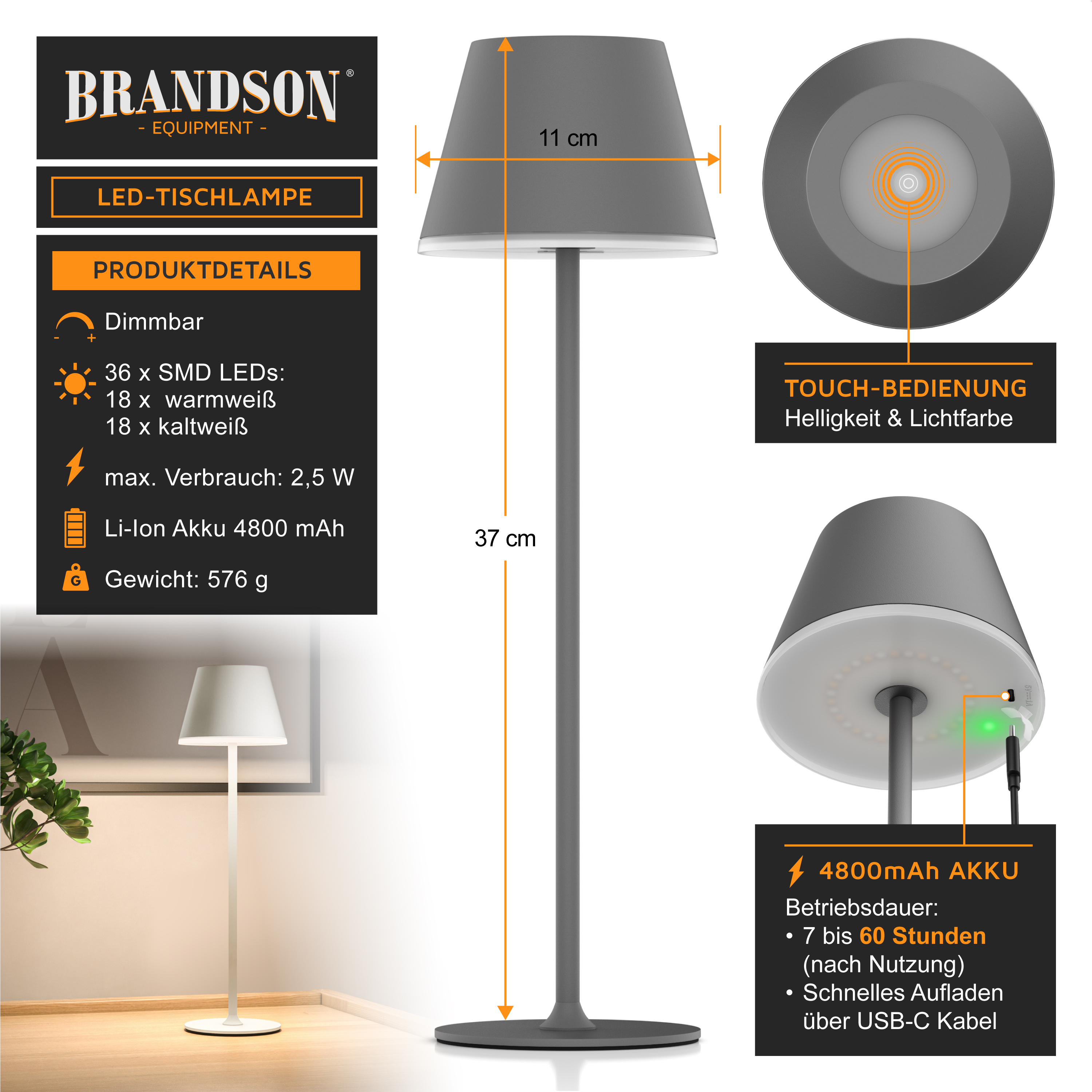 Brandson LED-Tischlampe mit grauem Schirm, Touch-Steuerung für Helligkeit und Farbe und einem schlanken Design, das für moderne Innenräume geeignet ist.