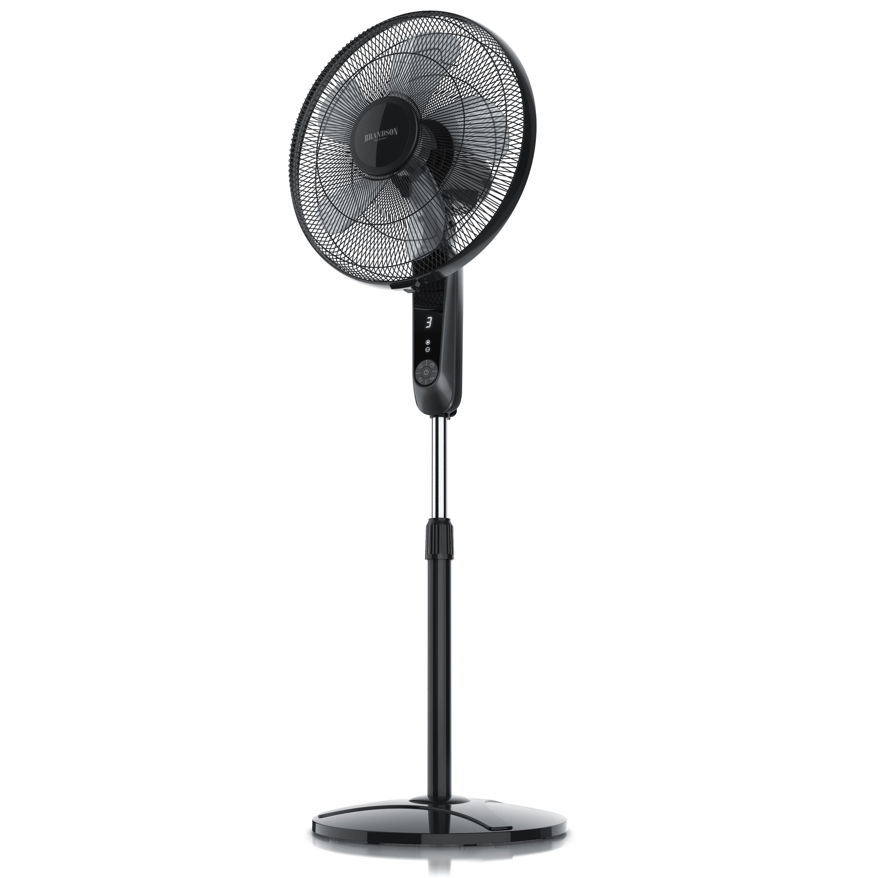 Brandson Standventilator in Schwarz mit verstellbarem Standfuß, Bedienfeld und stabiler Basis für effiziente Luftzirkulation.