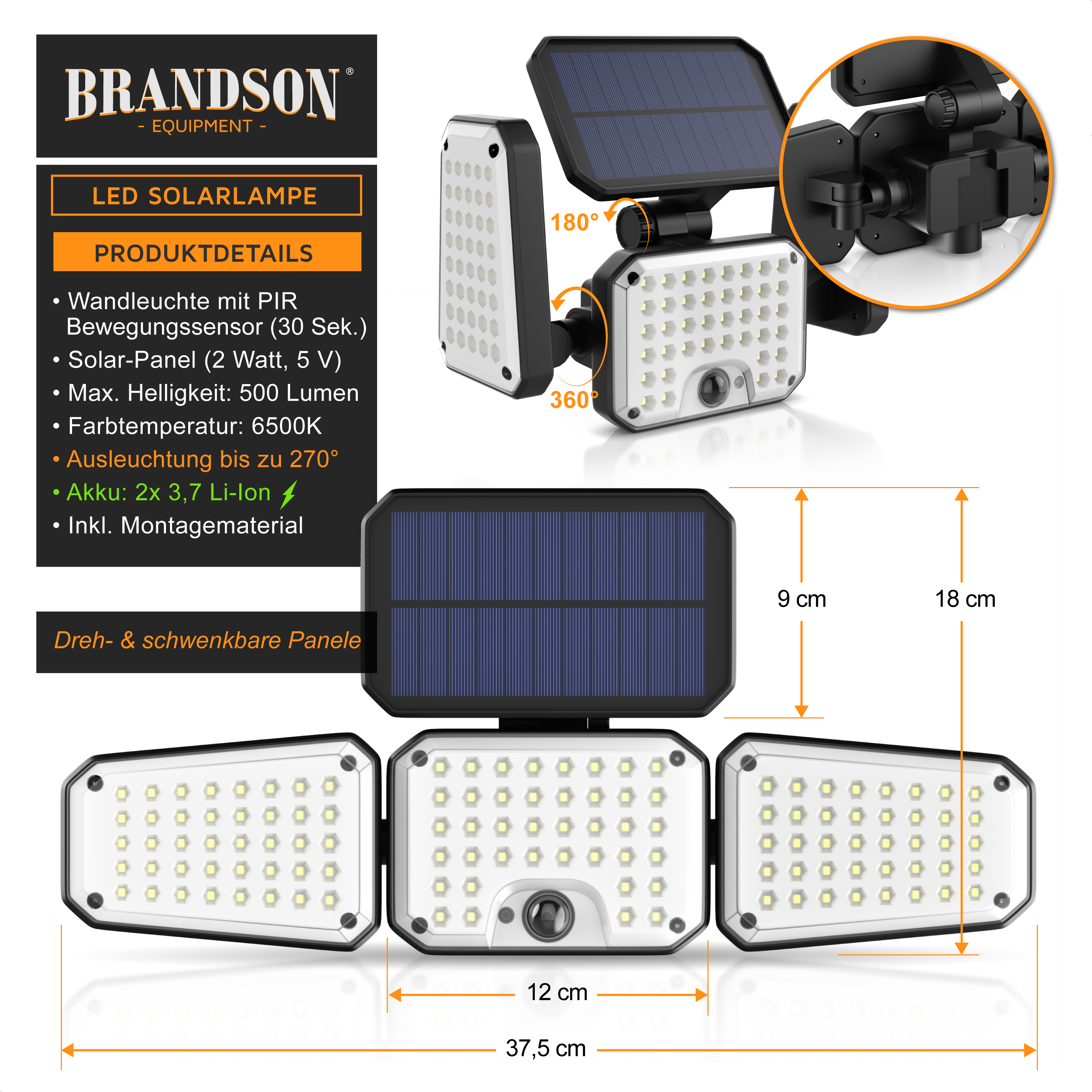 Brandson LED-Solarlampe mit verstellbaren Paneelen, PIR-Bewegungssensor und Solarpanel für die Außenbeleuchtung.