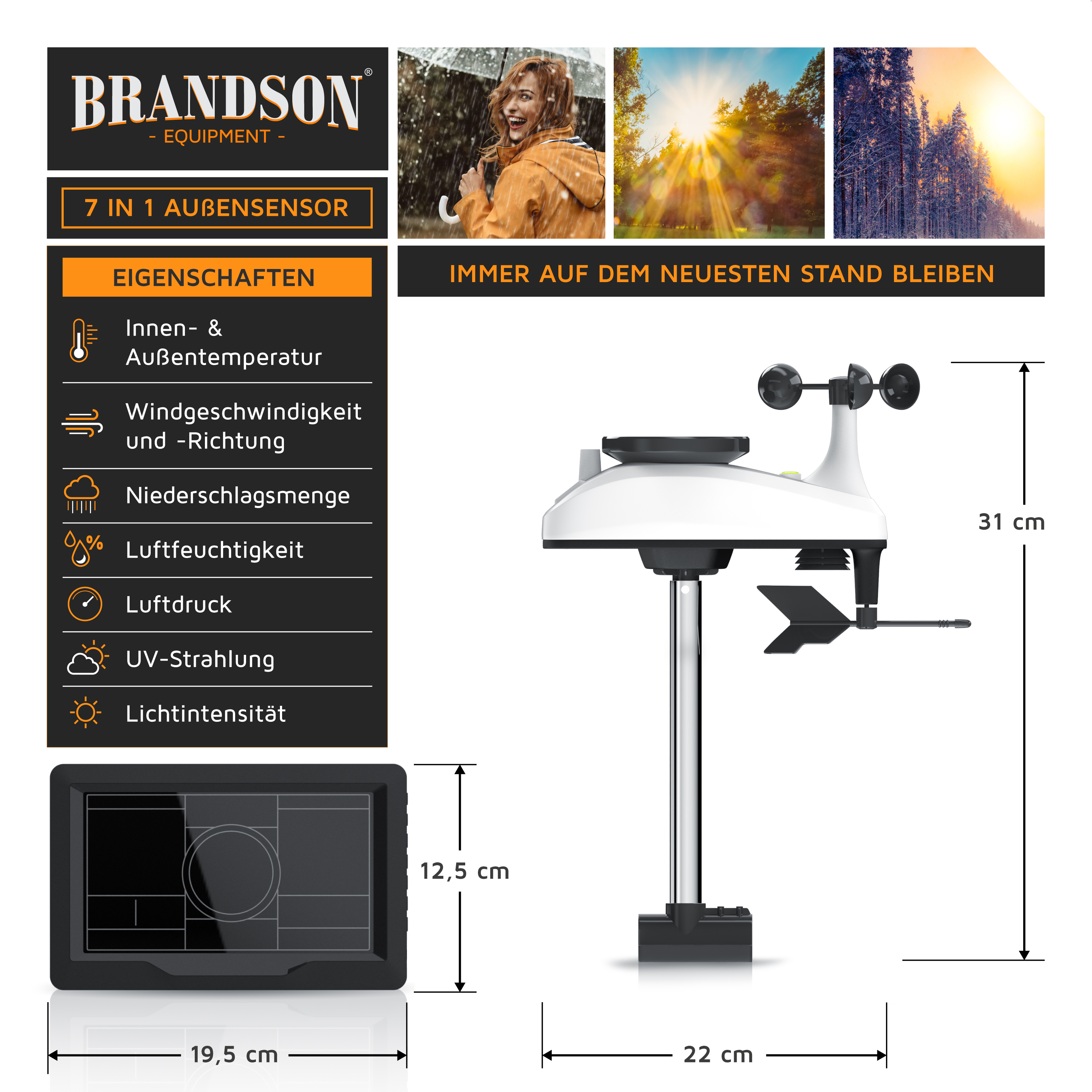 Brandson 7-in-1-Außensensor mit weißem Gehäuse, montiert auf einem Mast, mit Windmesser und digitaler Anzeige für Wetterdaten.