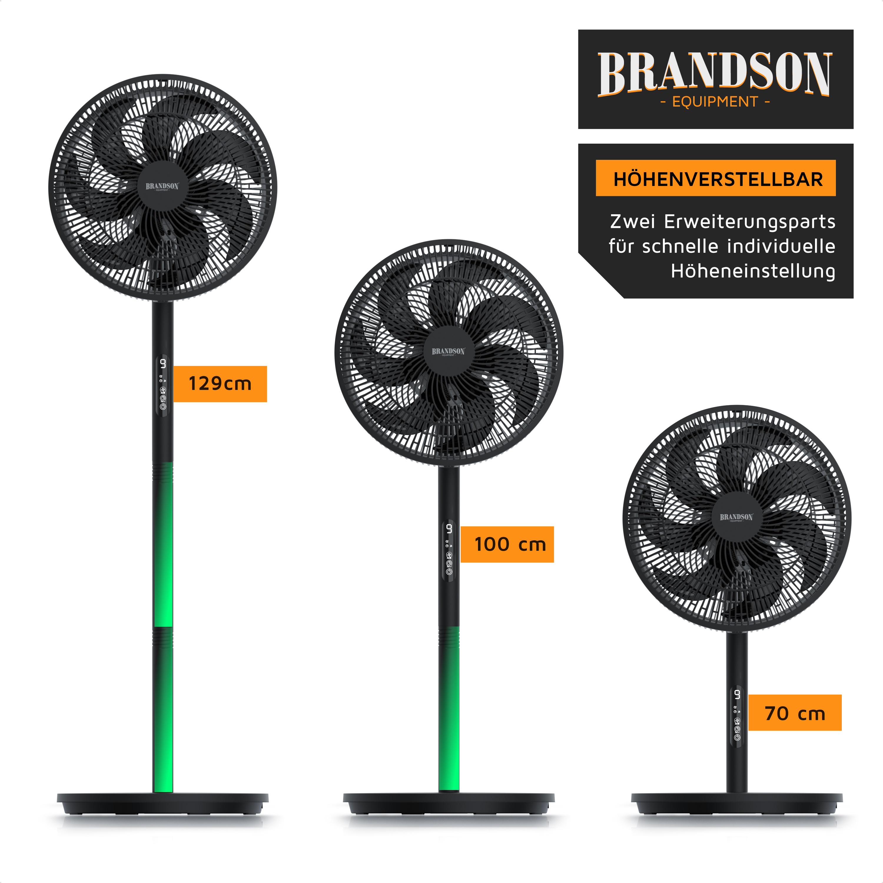 Standventilator von Brandson mit einstellbarer Höhe, elegantem schwarzem Design, sichtbarem Bedienfeld und LED-Akzentbeleuchtung.