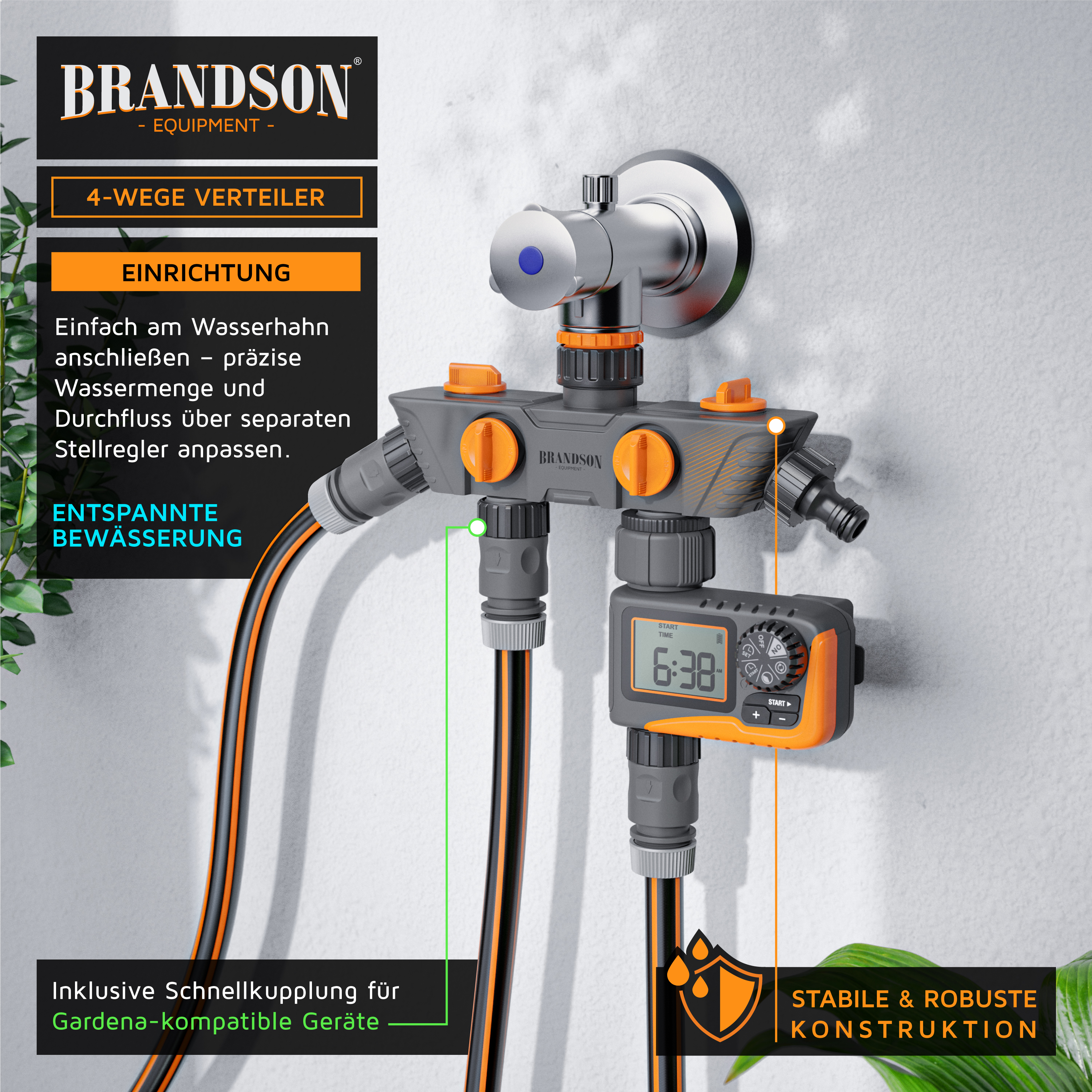 Brandson 4-Wege-Verteiler mit einstellbarem Wasserdurchfluss, digitalem Timer und Schnellkupplung für Gardena-kompatible Geräte.