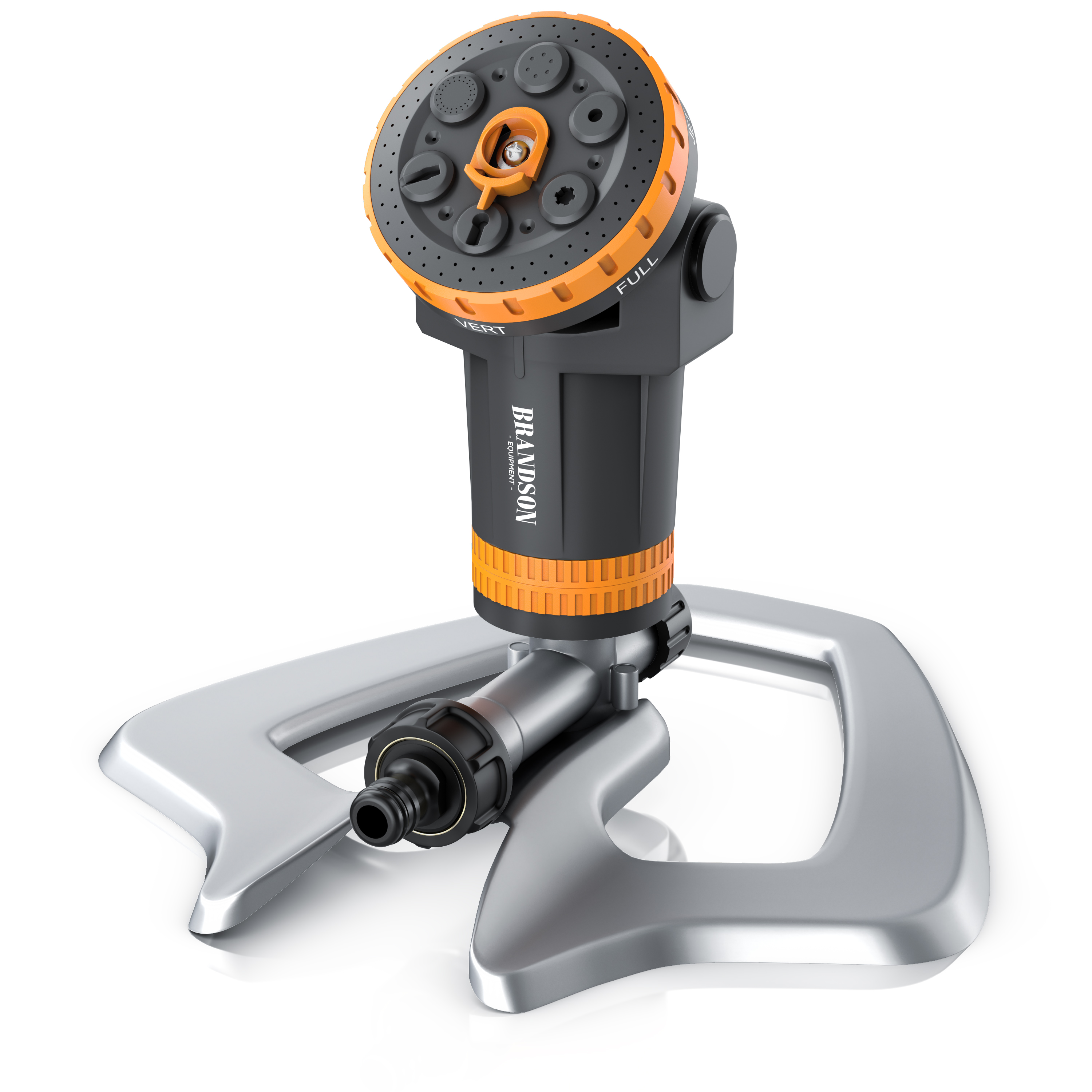 Brandson-Sprinkler im schwarz-orangen Design, mit verstellbarem Sprühkopf und stabiler silberner Basis.