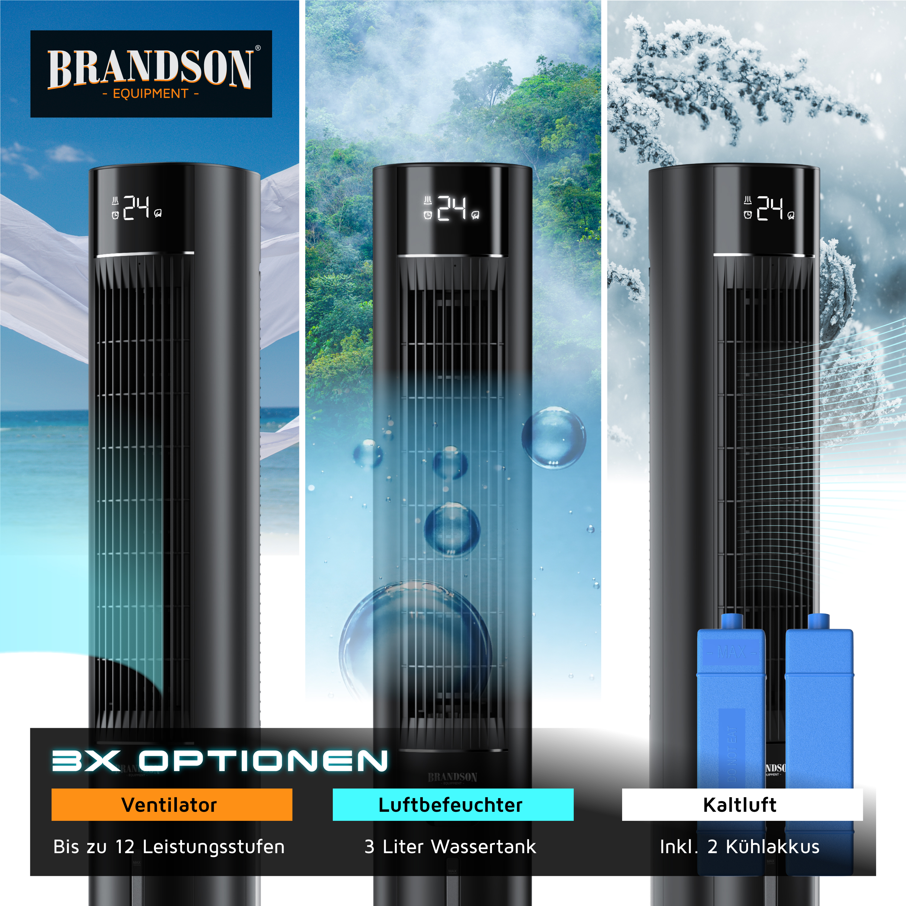 Turmventilator von Brandson mit elegantem schwarzem Design, Digitalanzeige und Wassertank zur Befeuchtung, dargestellt in einer kühlenden Umgebung.