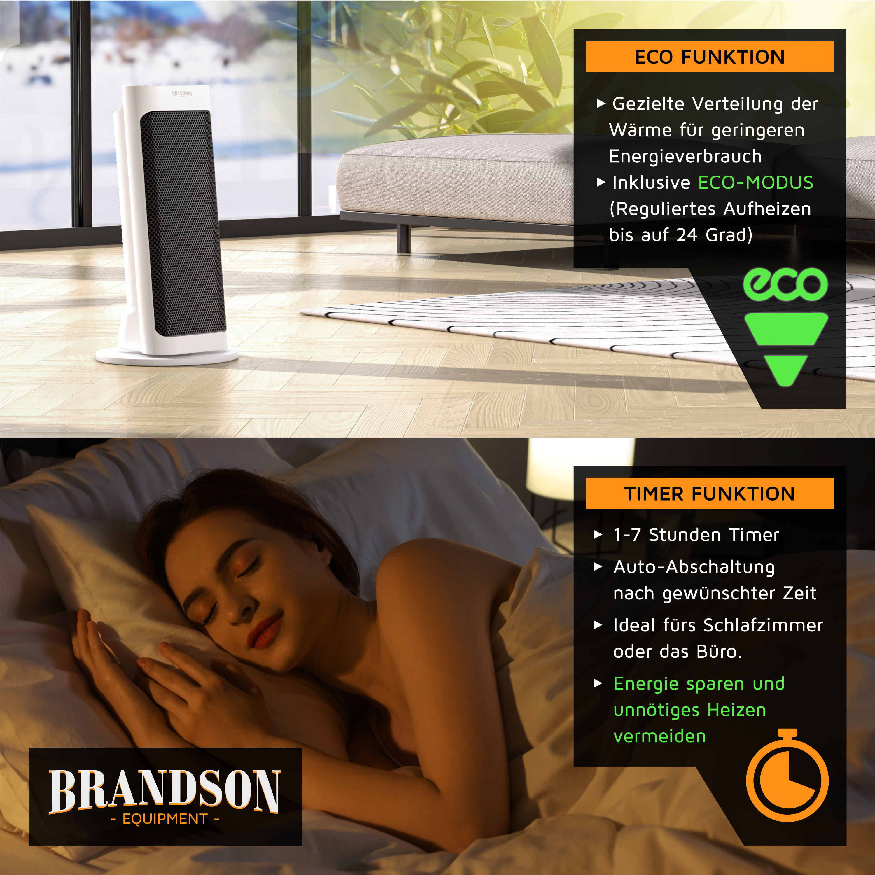 Brandson Heizlüfter in Weiß mit einem modernen Design, sichtbarem Bedienfeld und Eco-Funktion, ideal für Wohnräume.