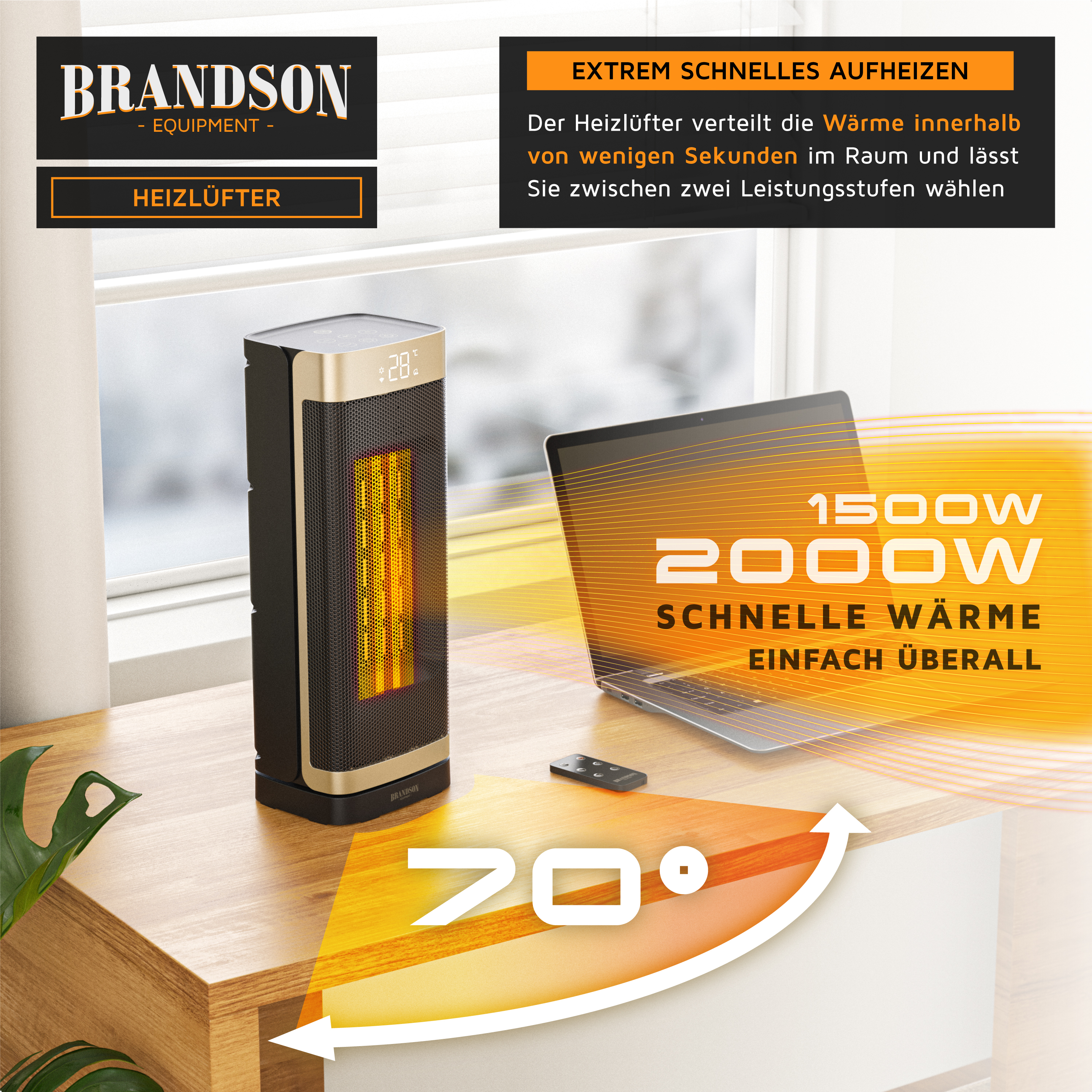 Brandson Heizlüfter in schlanker Bauform mit digitalem Display und Fernbedienung, auf einem Tisch neben einem Laptop platziert.