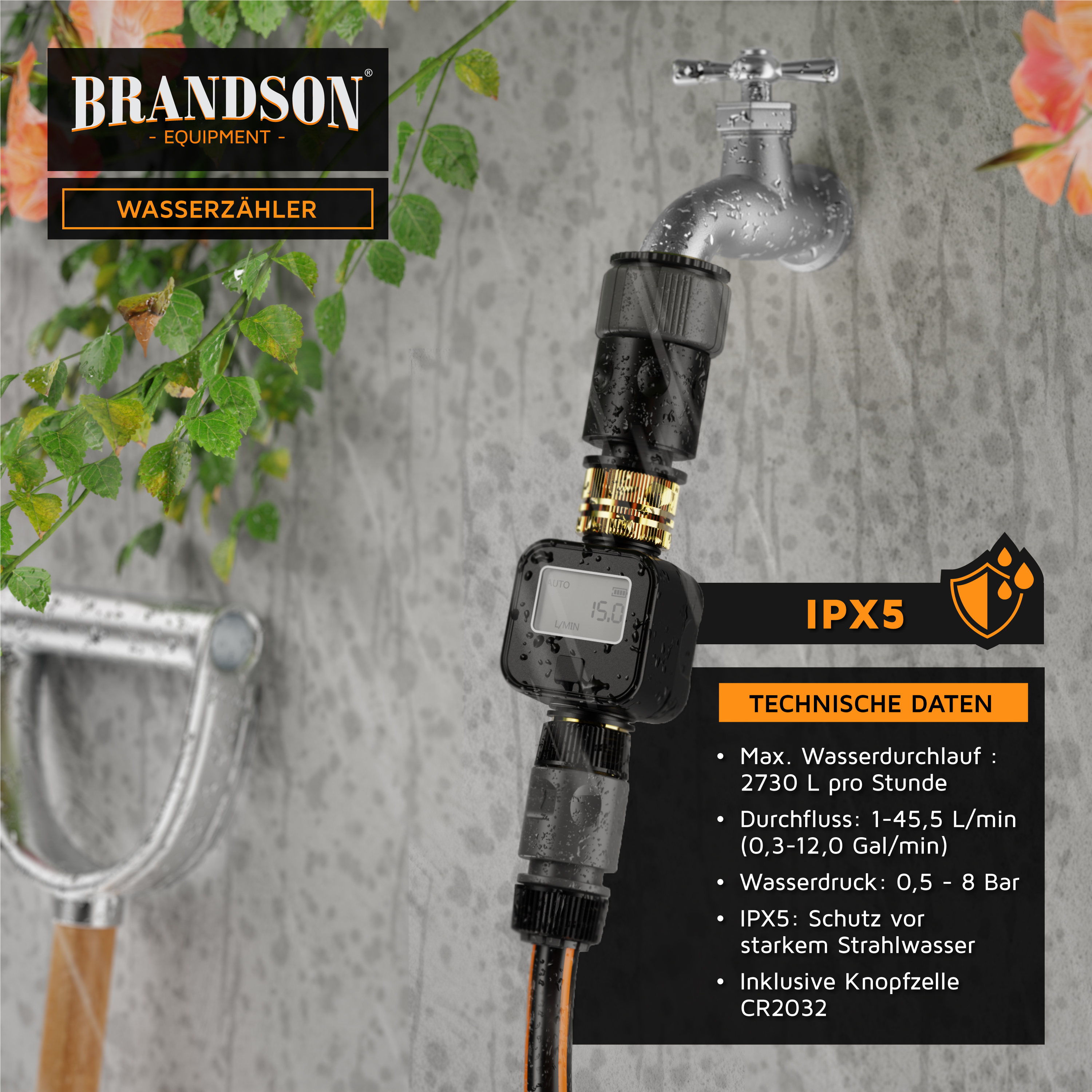 Brandson Wasserzähler mit digitalem Display, schwarzem Gehäuse und wasserdichtem Design, an einem Wasserhahn.