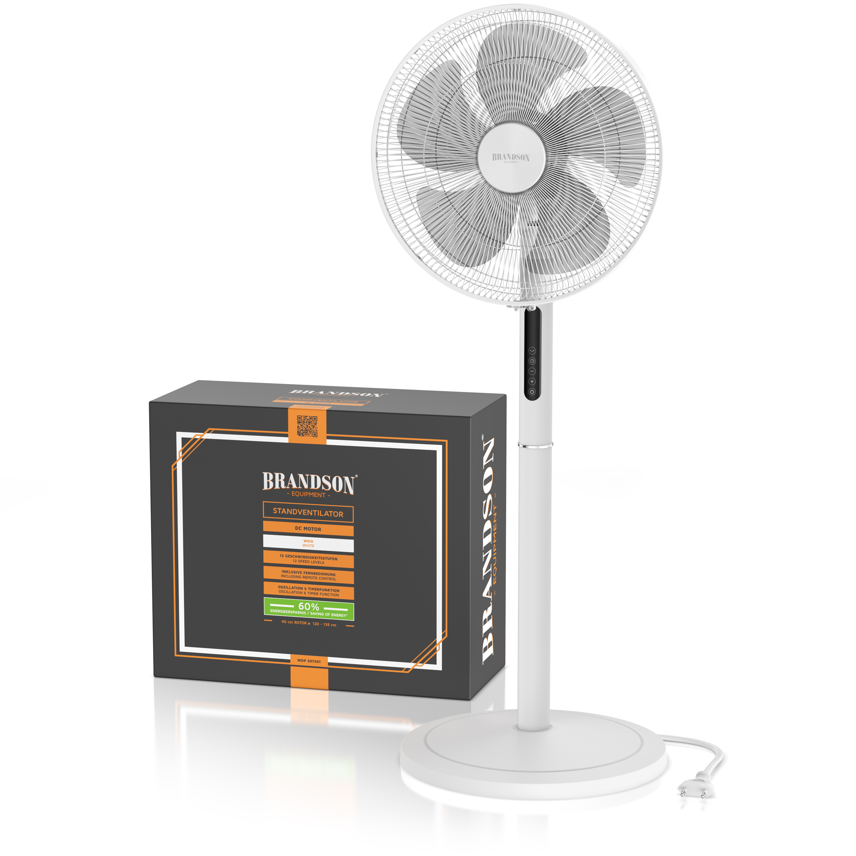 Standventilator von Brandson in Weiß mit stabiler Basis, Bedienfeld und daneben ausgestellter Verpackung.