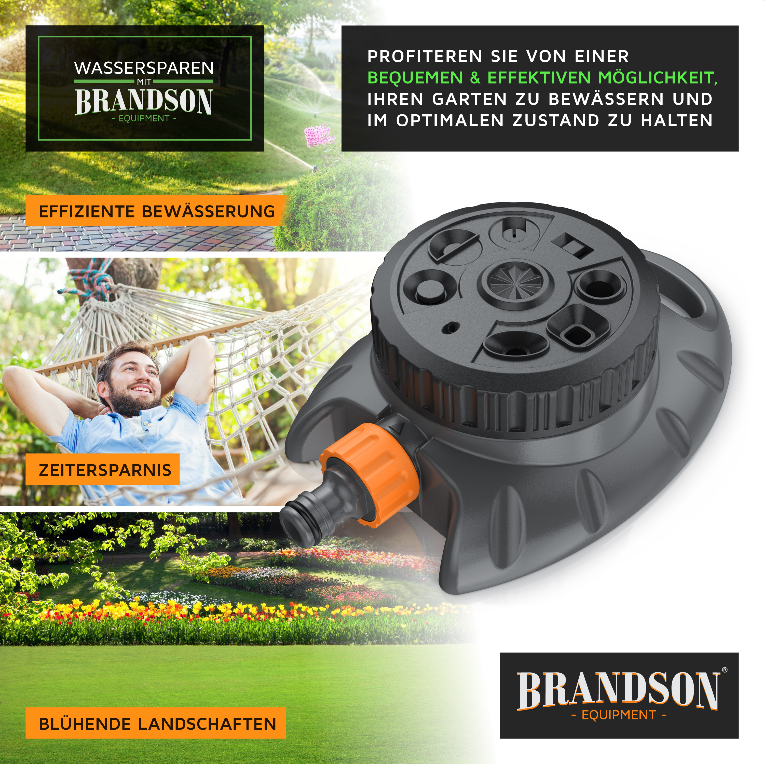 Brandson Bewässerungsgerät in schwarzer Farbe mit orangefarbenem Anschluss, ideal für effiziente Gartenbewässerung.