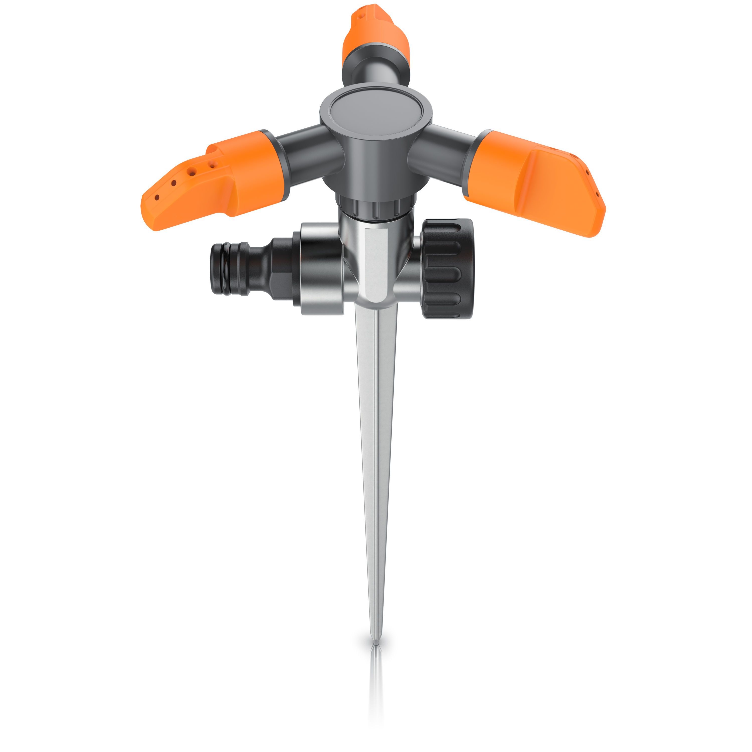Brandson Sprinkler mit drei Sprühköpfen, orangefarbene Griffe, stabiler Metallspieß zur einfachen Bodenmontage.