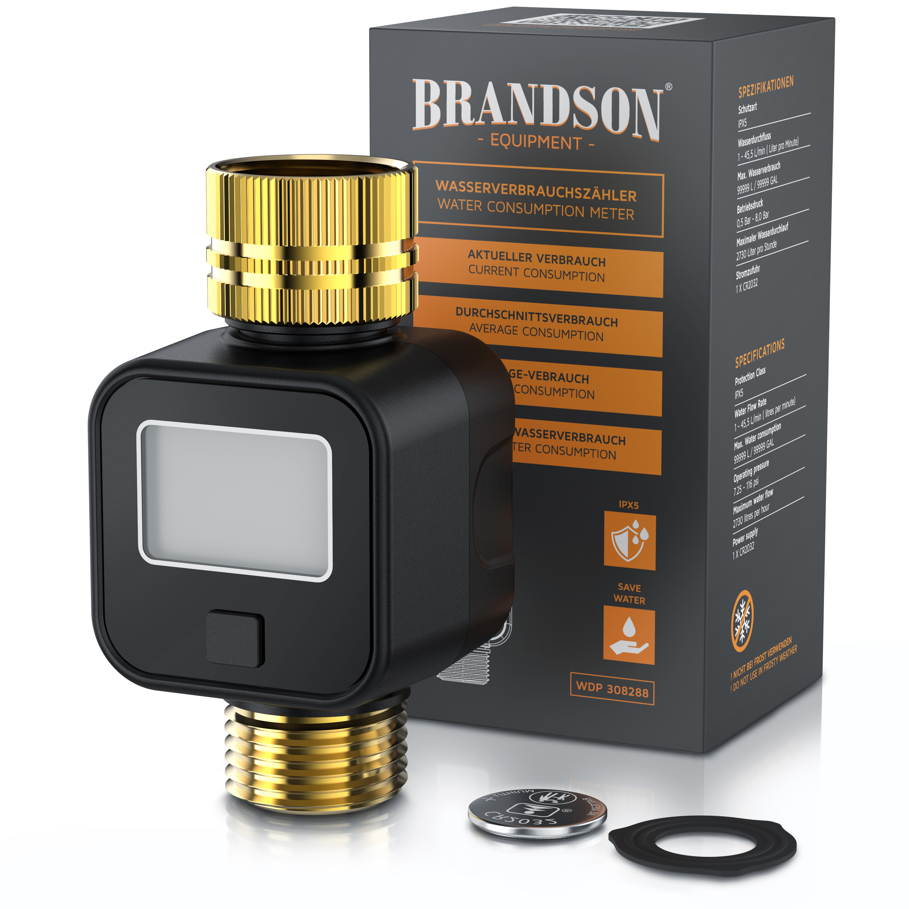 Brandson-Wasserverbrauchsmessgerät mit schwarzem Gehäuse, Digitalanzeige und goldenem Anschluss, verpackt in einer Markenbox.