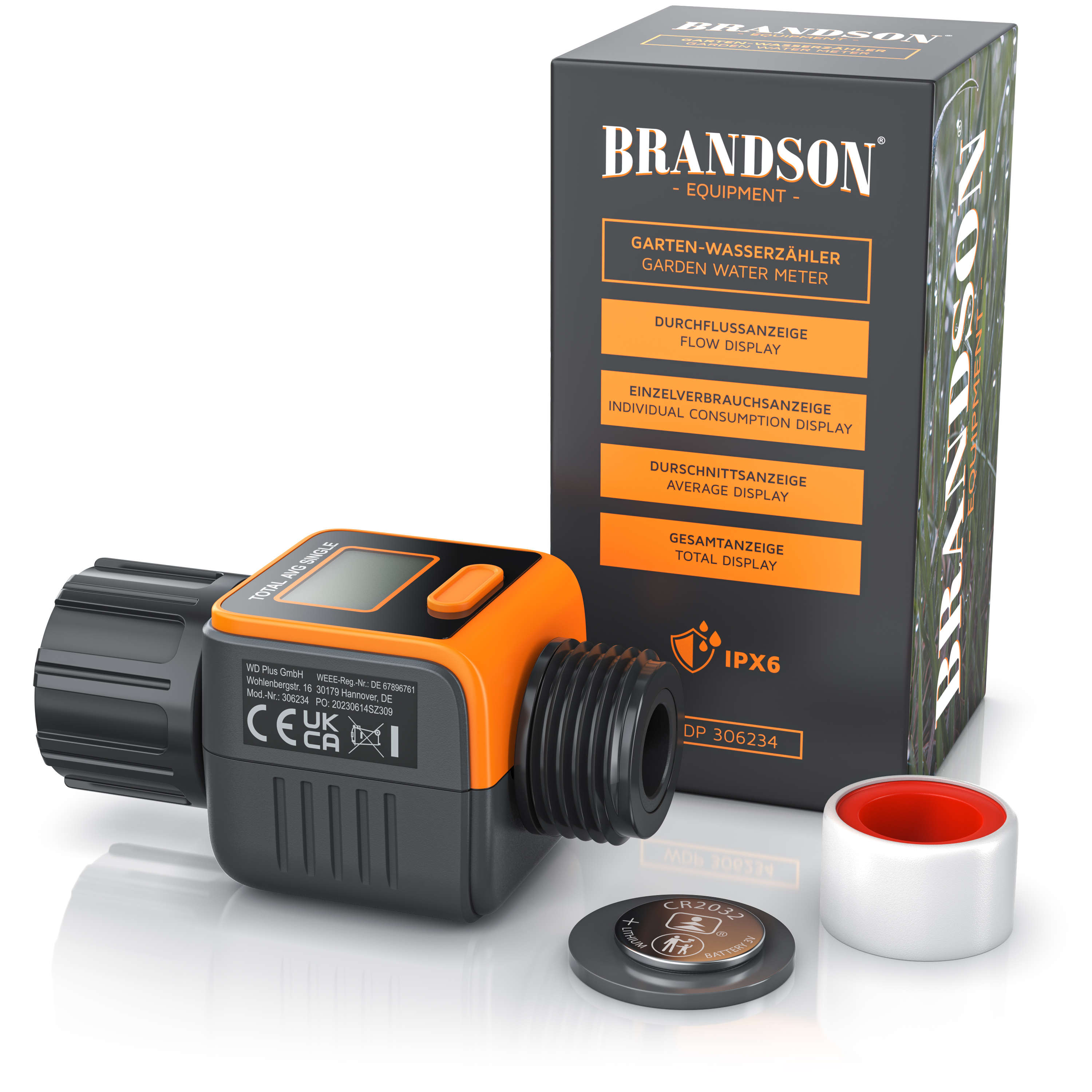 Brandson Garten-Wasserzähler mit orangefarbenem Display und schwarzem Gehäuse, inklusive Zubehör und Verpackung.