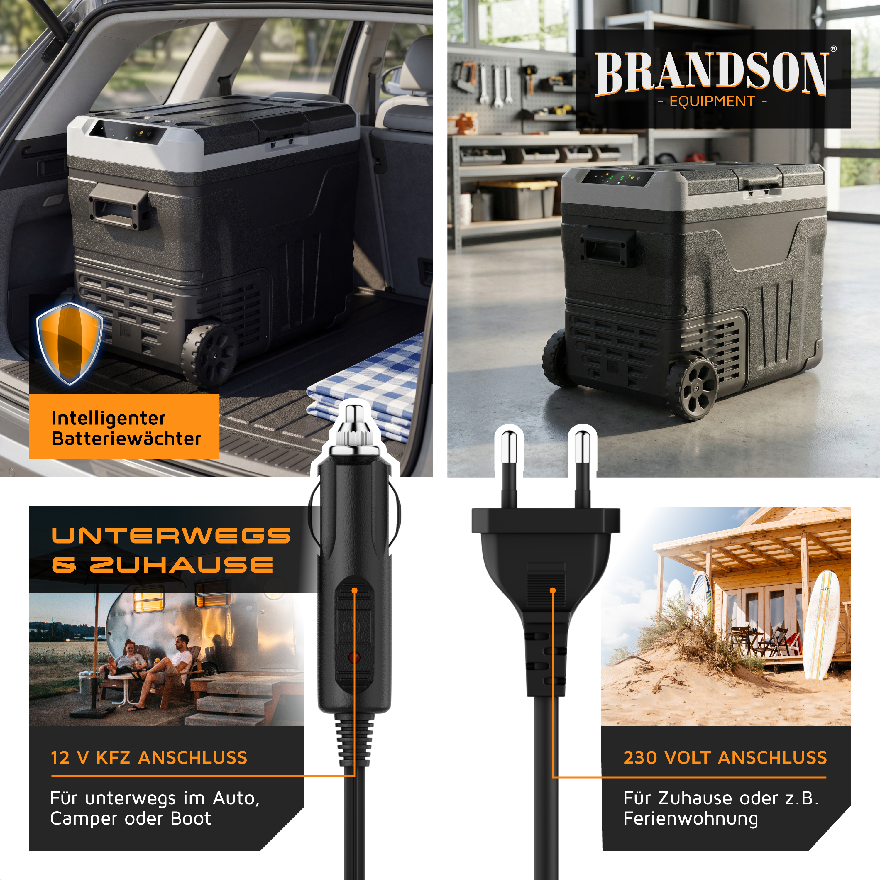 Brandson elektrische Kühlbox mit robustem Design, Rollen für Mobilität und zwei Anschlussmöglichkeiten für Auto und Zuhause.