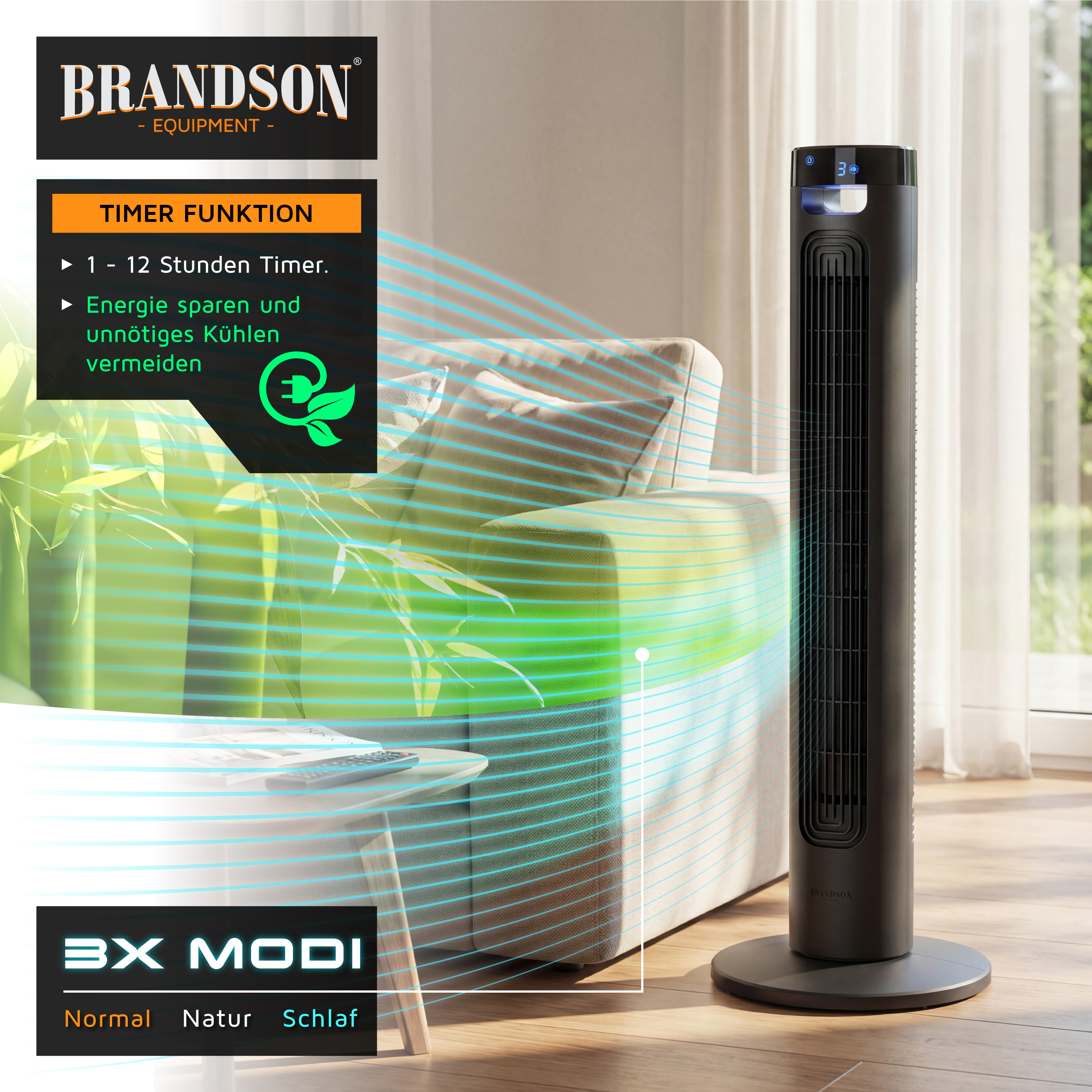 Brandson Turmventilator mit elegantem schwarzem Design, Digitalanzeige und Fernbedienung, platziert in einem hellen Wohnzimmerambiente.