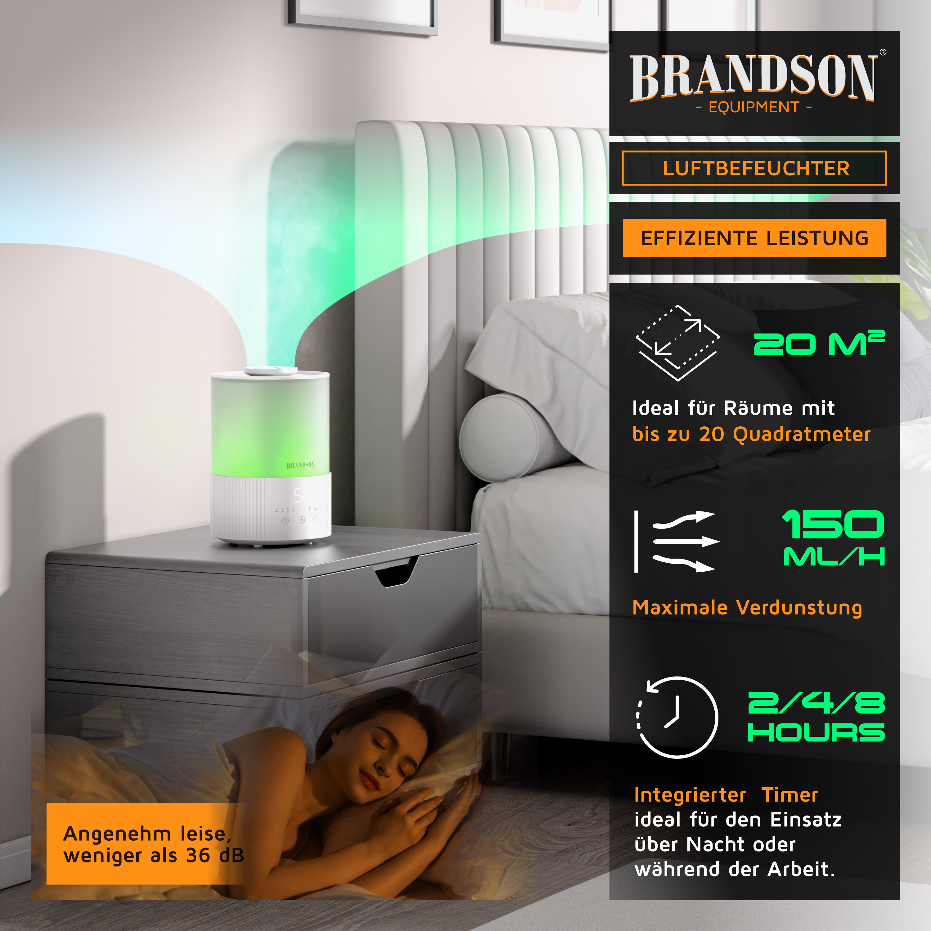 Brandson Luftbefeuchter in Weiß mit grünem Licht, auf einem Nachttisch neben einem Bett, ideal für Räume bis 20 Quadratmeter.