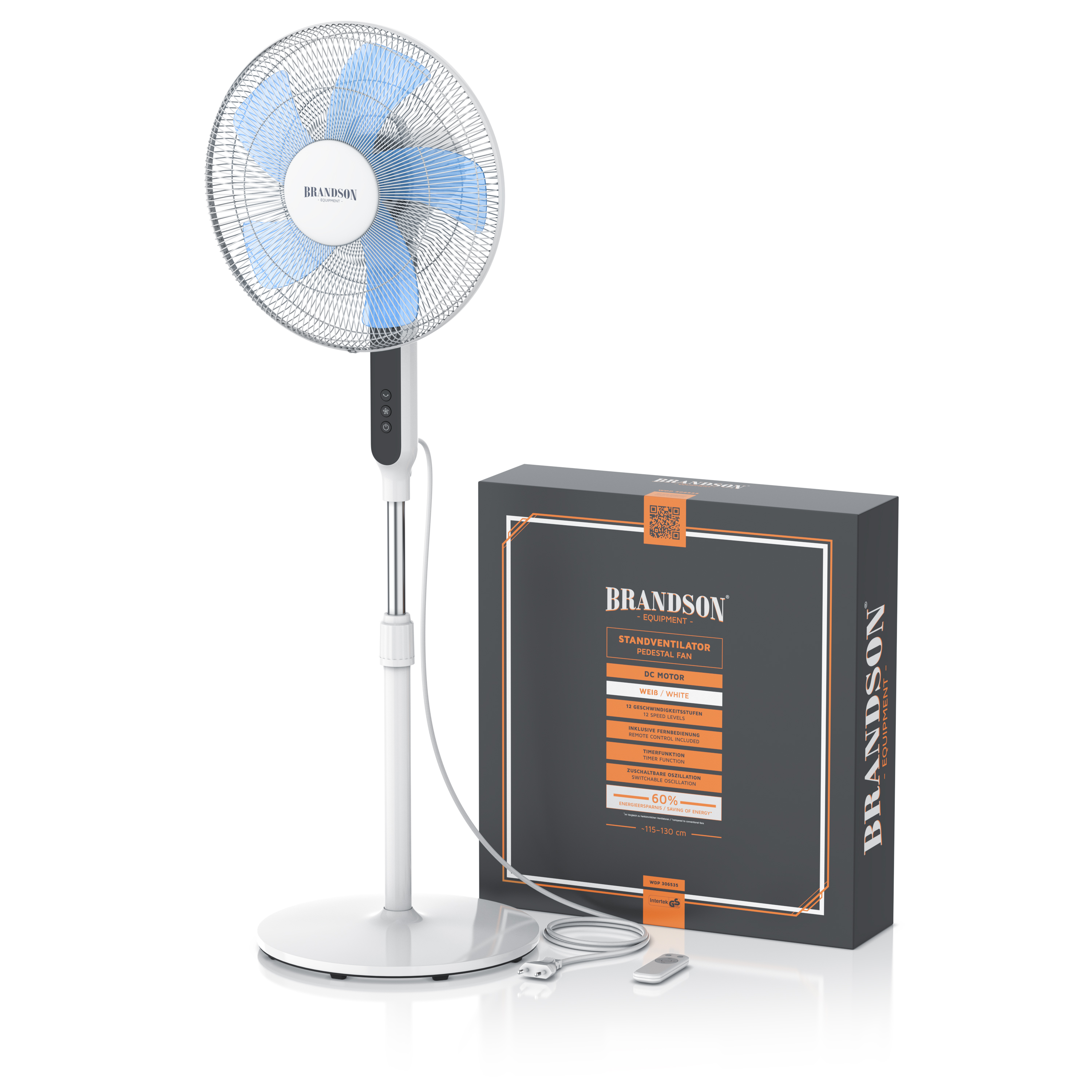 Standventilator von Brandson mit weißem Sockel, blauen Flügeln, Fernbedienung und Verpackung, konzipiert für effiziente Kühlung.