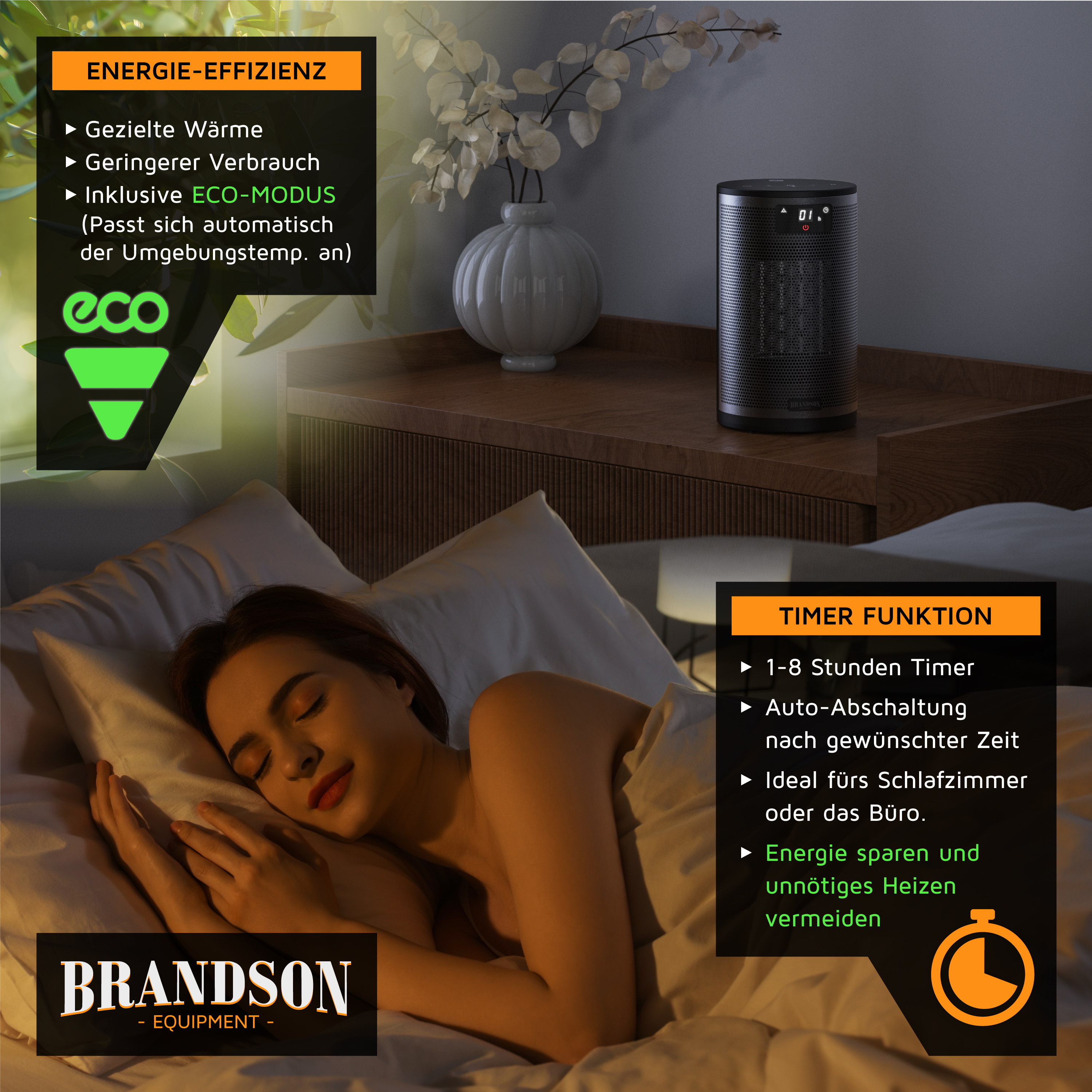 Brandson Heizlüfter mit kompaktem, zylindrischem Design in Schwarz, ausgestattet mit einem Bedienfeld und Timer-Funktion, ideal für Schlafzimmer.