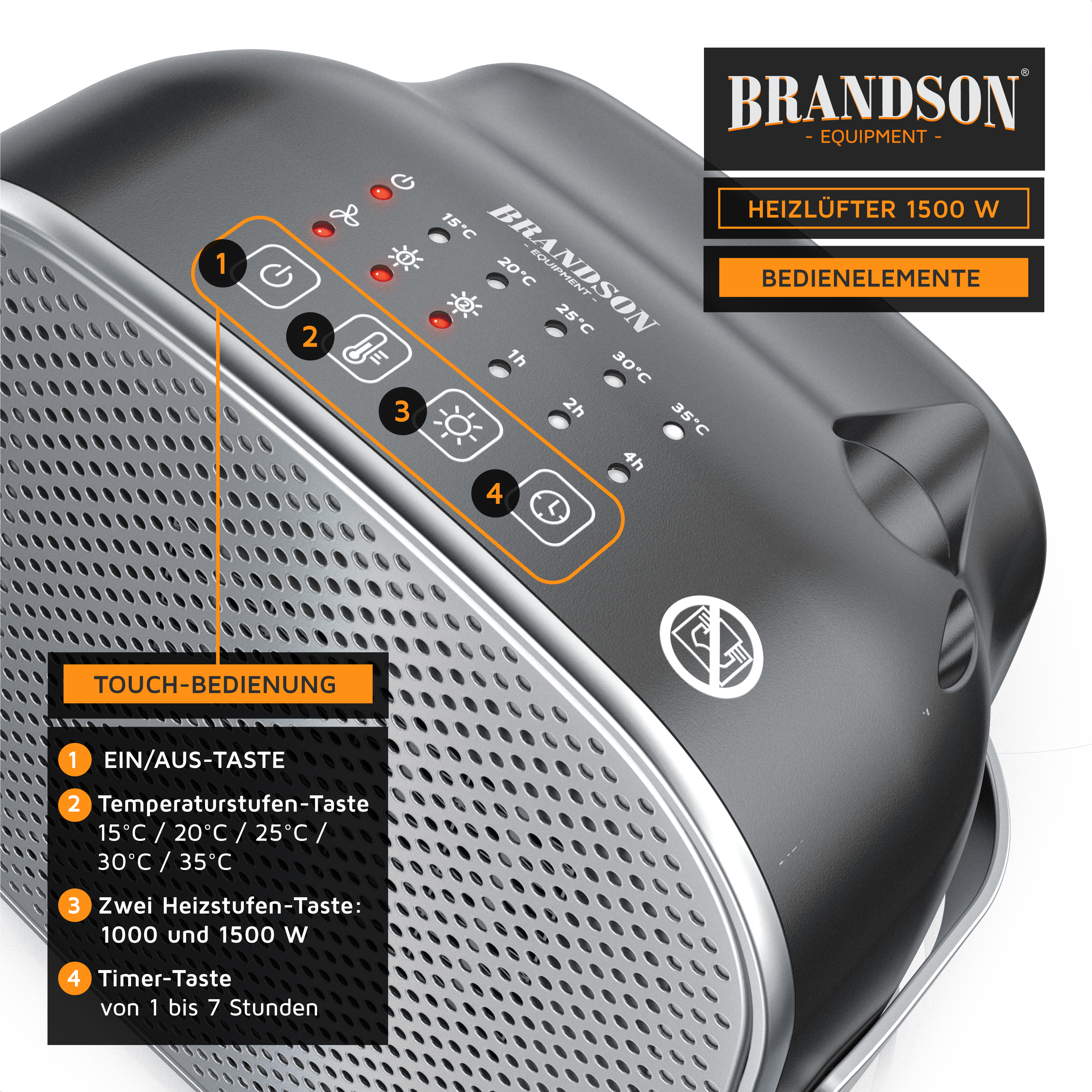 Brandson Heizlüfter mit Touch-Bedienfeld, Temperaturstufen und Timer-Funktion, in Schwarz mit silbernen Akzenten.