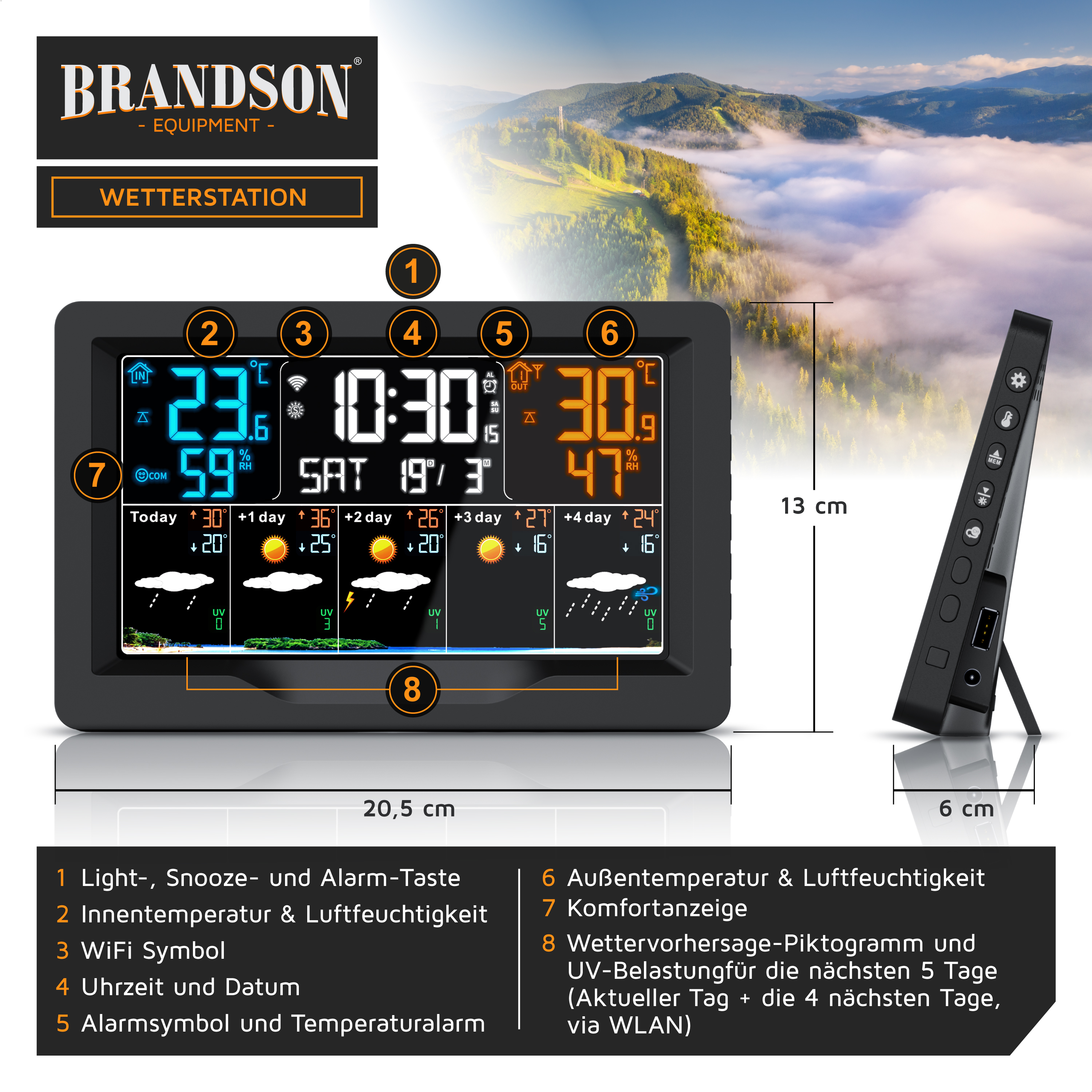 Brandson-Wetterstation mit digitalem Display, das Innen- und Außentemperaturen, Luftfeuchtigkeit, Uhrzeit und Wettervorhersagen anzeigt.