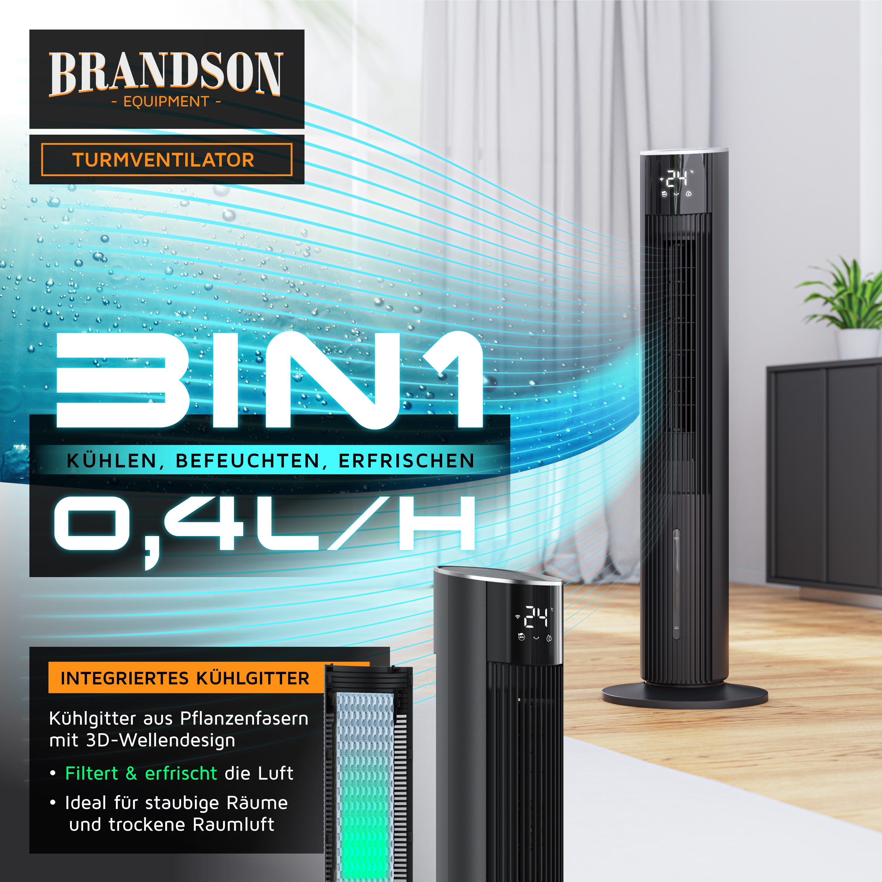 Brandson Turmventilator in Schwarz mit integriertem Kühlgitter, digitalem Display und Standfuß, ideal für trockene Räume.