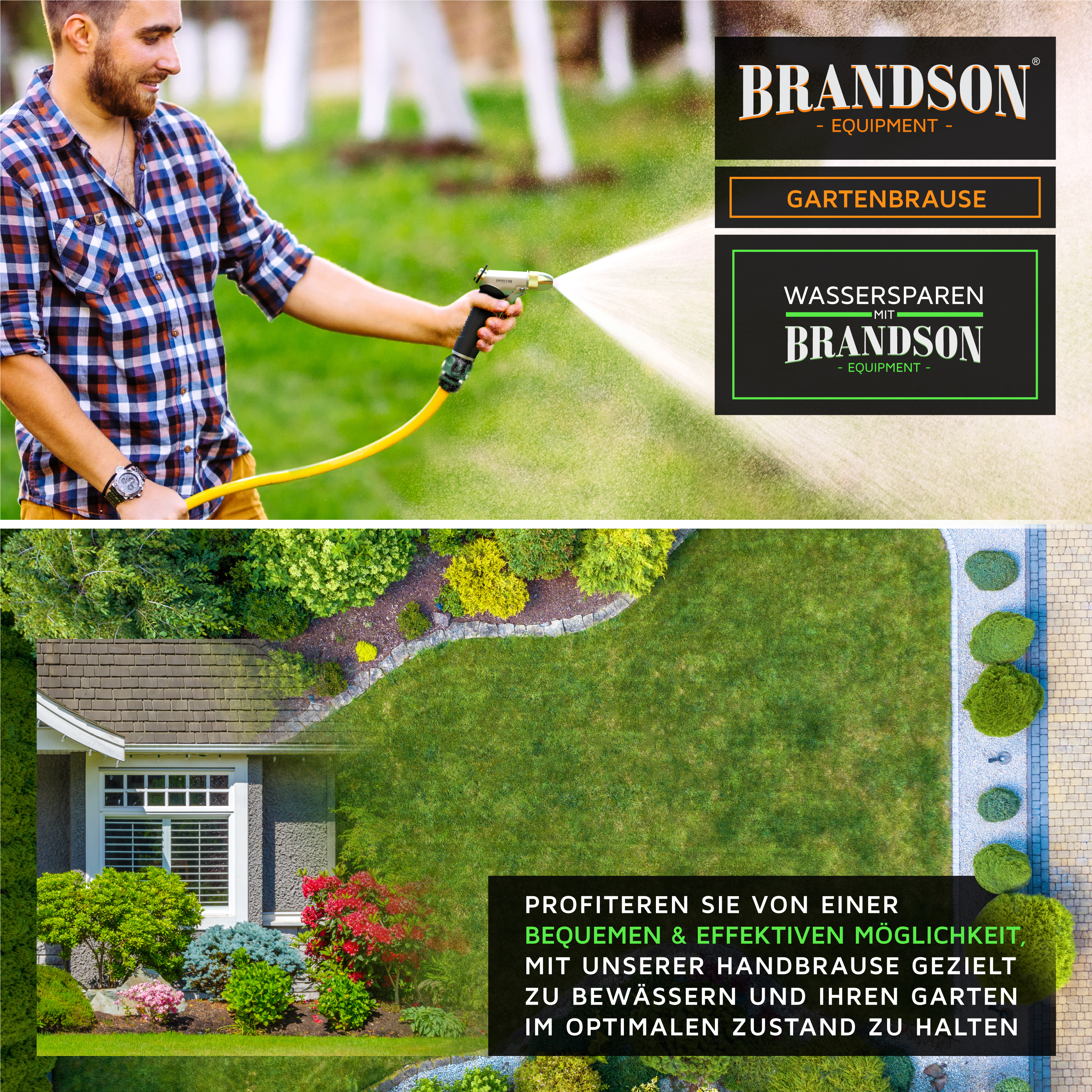 Brandson-Gartenschlauch mit Sprühdüse, gehalten von einem Mann in einem karierten Hemd, der einen üppig grünen Garten bewässert.