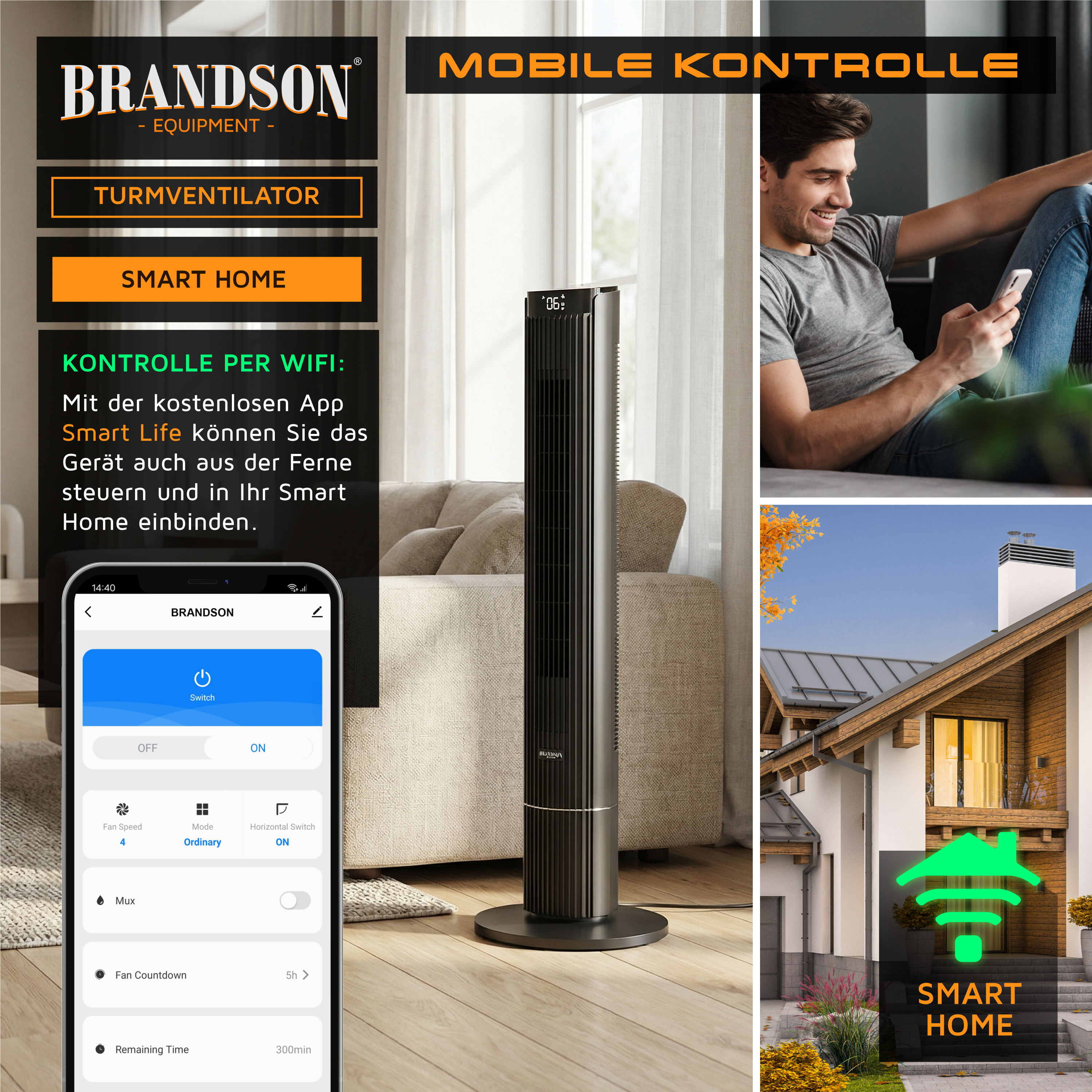 Brandson Turmventilator in Schwarz mit modernem Design, Bedienfeld und WiFi-Steuerung, genutzt in einem Wohnraum.