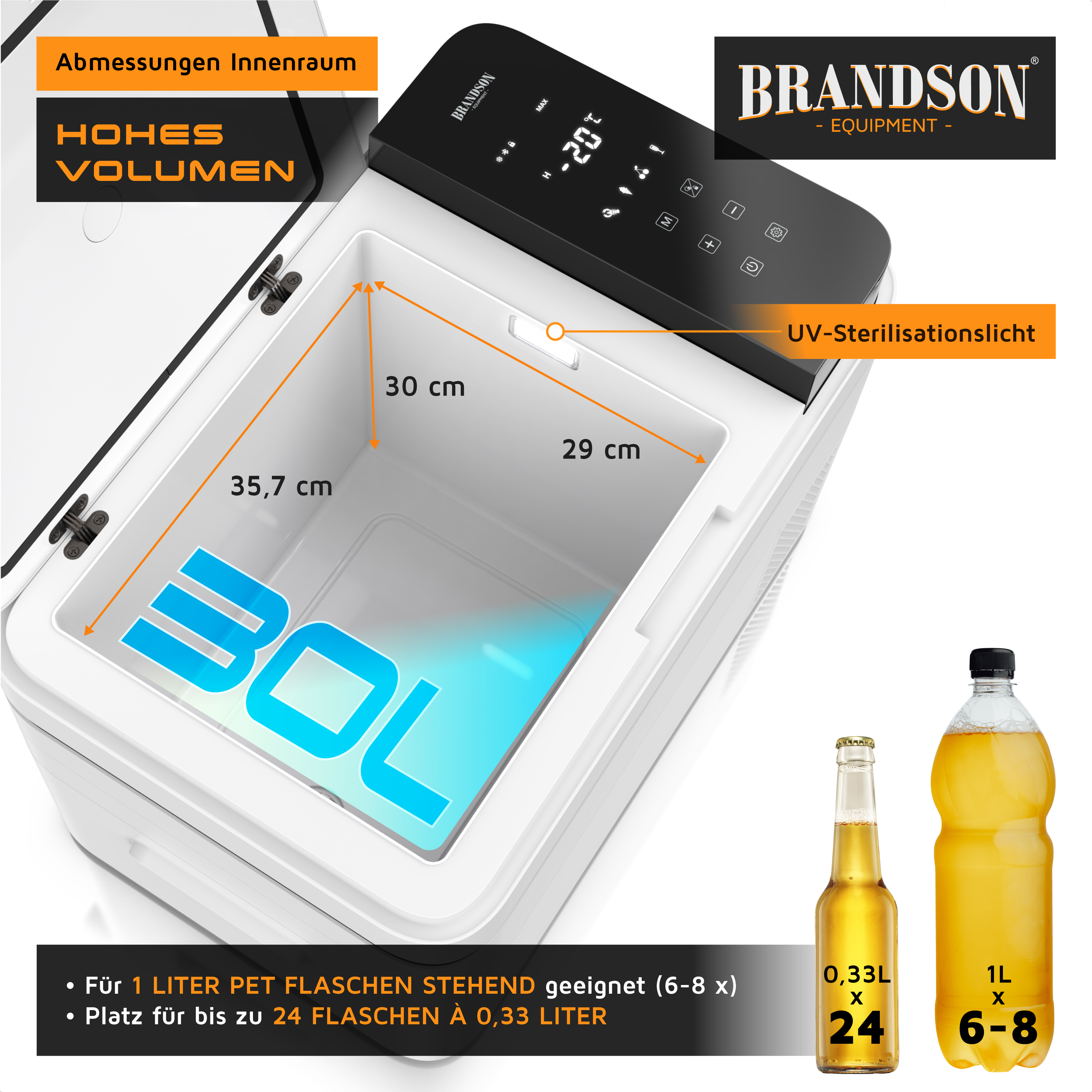 Brandson elektrische Kühlbox mit großem Innenraum, schwarzem Bedienfeld und UV-Sterilisationslicht, geeignet für 24 Flaschen à 0,33 Liter.