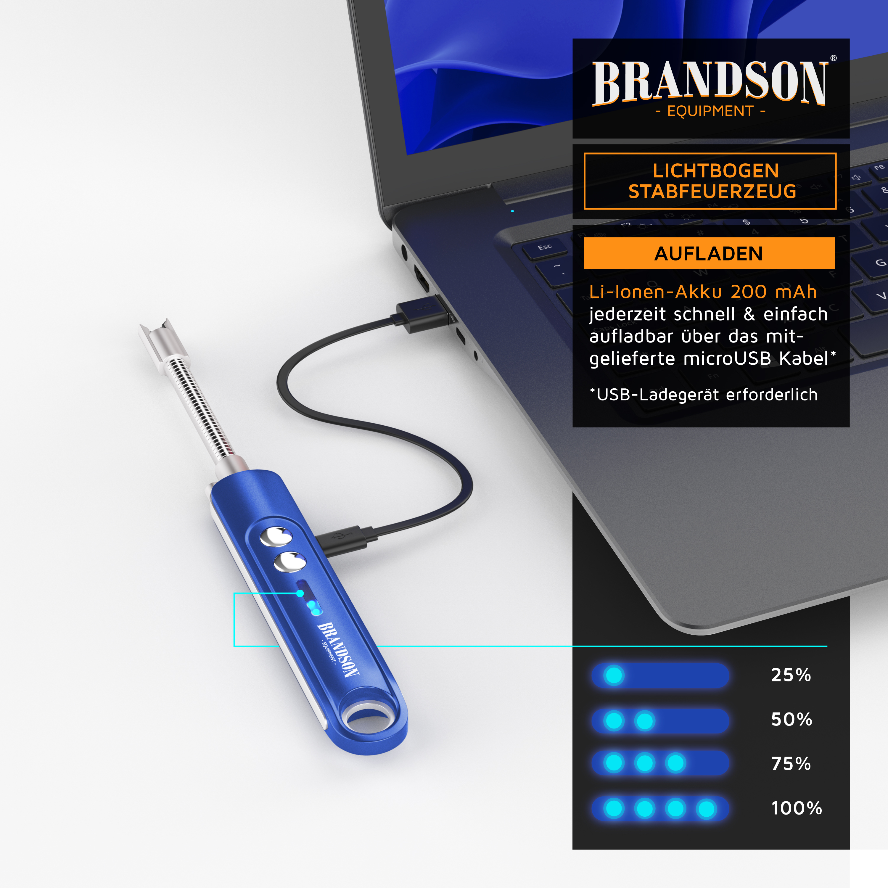 Brandson Lichtbogen-Stabfeuerzeug in Blau mit USB-Anschluss, zwei Bedientasten und Ladeanzeige, auf einem Tisch neben einem Laptop.
