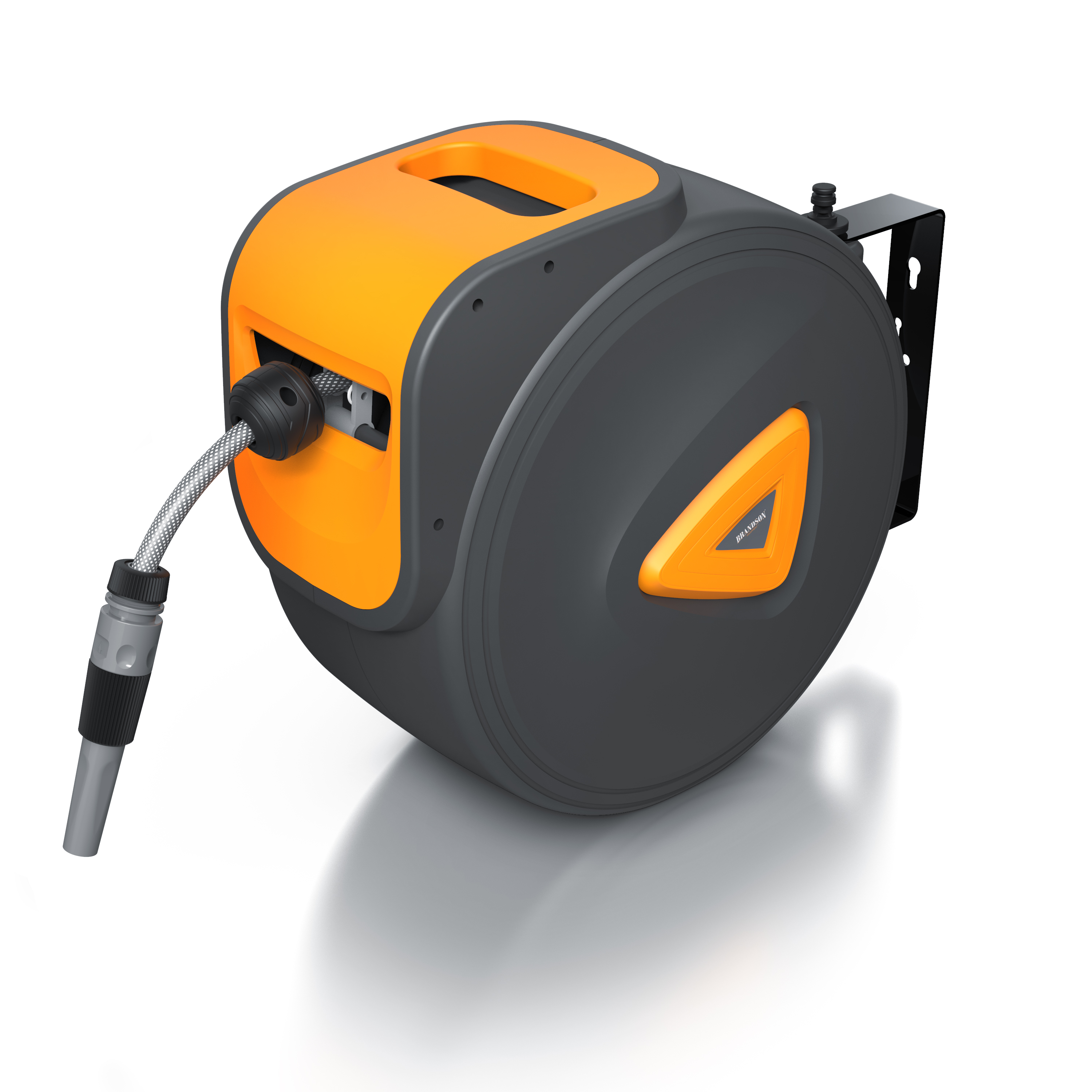 Brandson Schlauchaufroller in schwarz und orange mit Halterung, sichtbarem Schlauch und ergonomischem Griff.