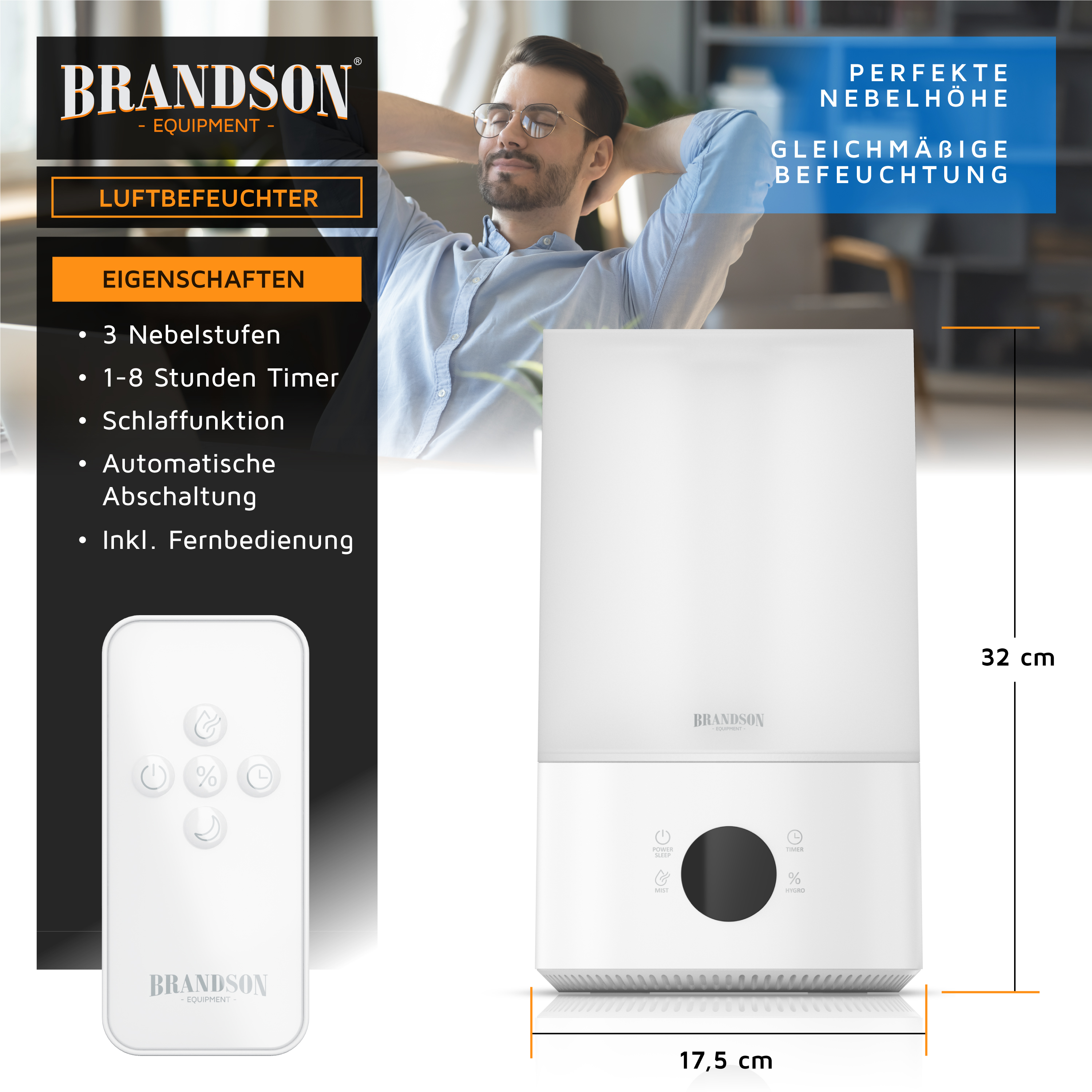 Brandson Luftbefeuchter in Weiß mit Bedienfeld und Fernbedienung, ideal für gleichmäßige Befeuchtung in Wohnräumen.