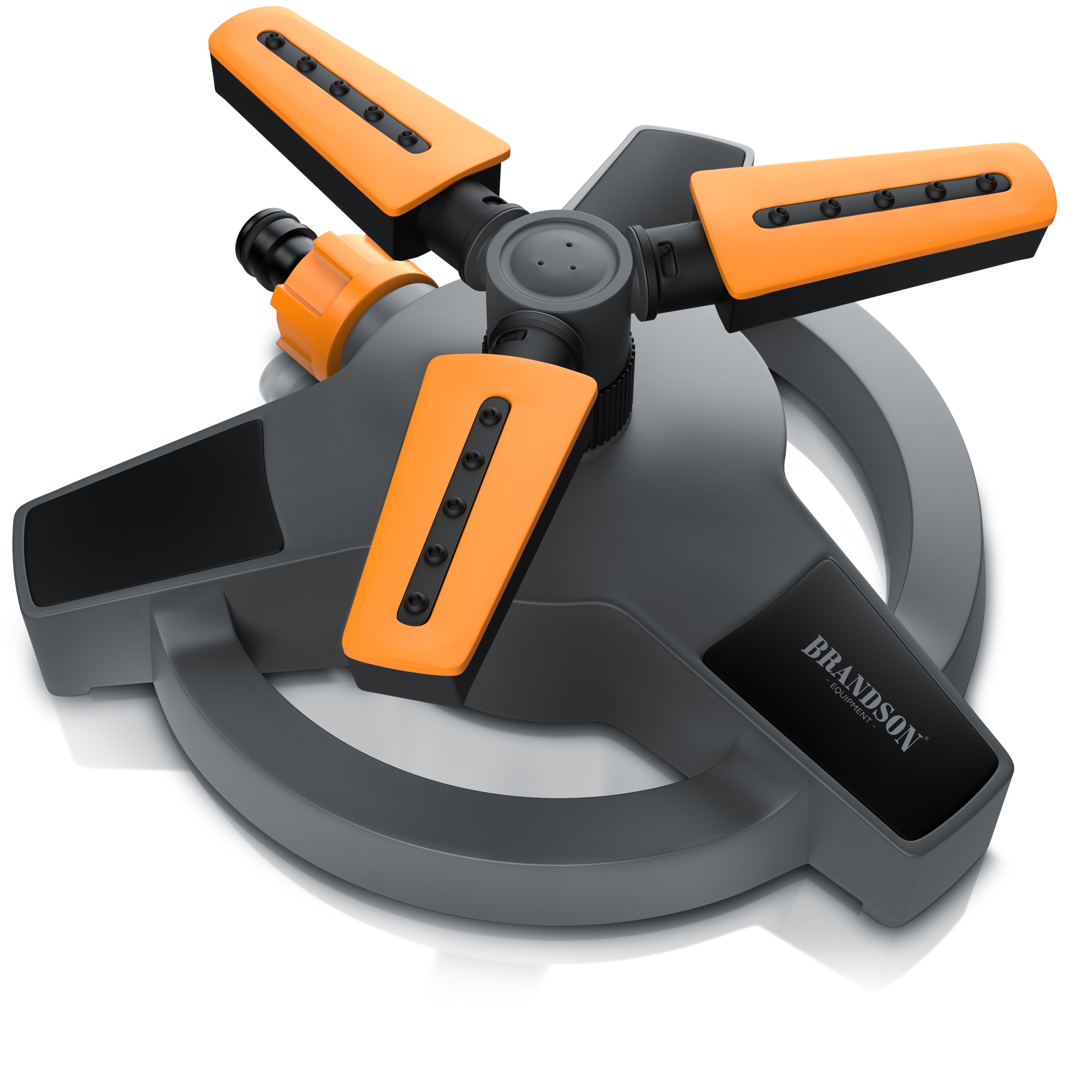 Brandson Sprinkler mit drei verstellbaren Sprüharmen in Grau und Orange, ausgestattet mit einem Anschluss für den Wasserschlauch.