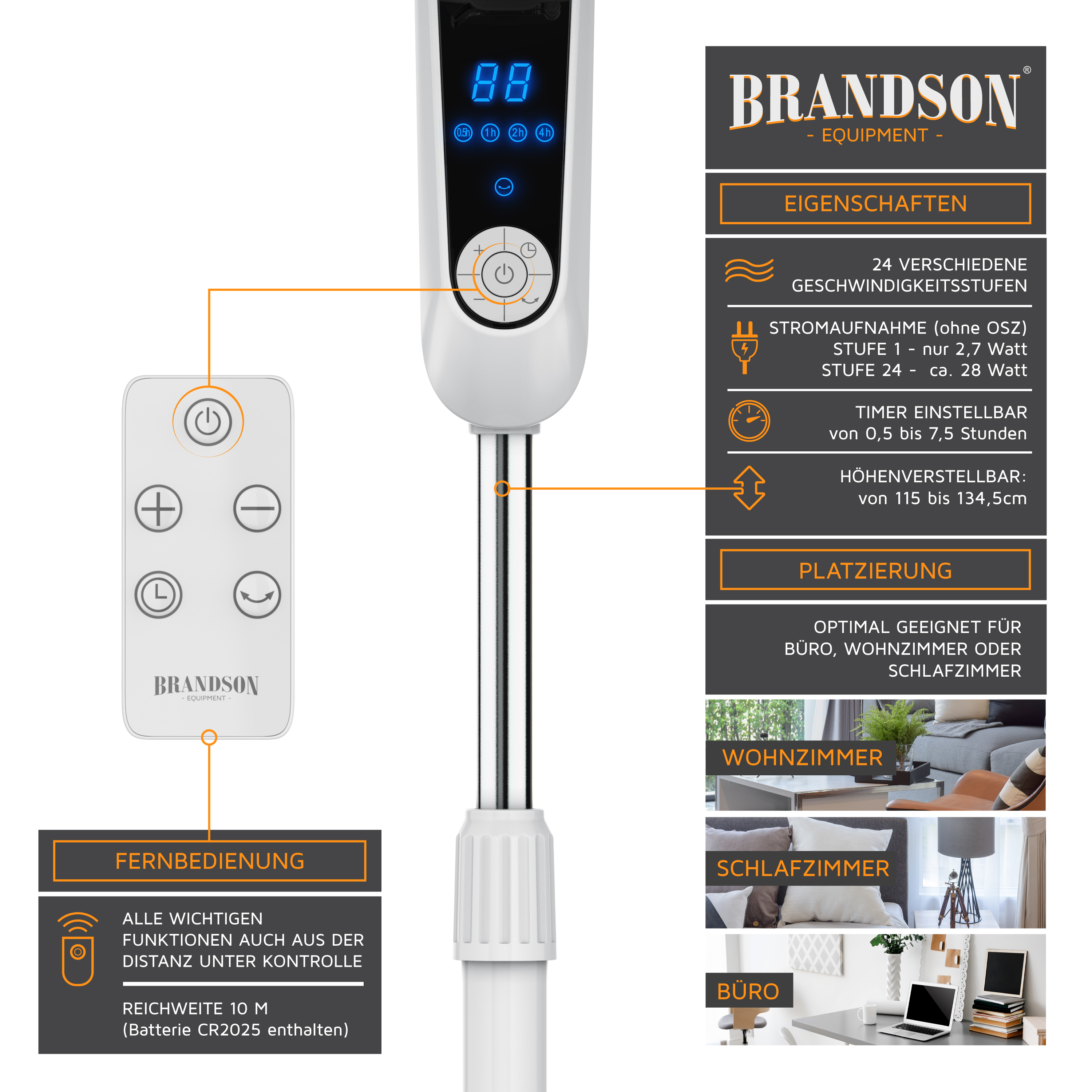 Turmventilator von Brandson mit elegantem Design, Digitalanzeige, Fernbedienung und einstellbarer Höhe, geeignet für den Büro- oder Heimgebrauch.