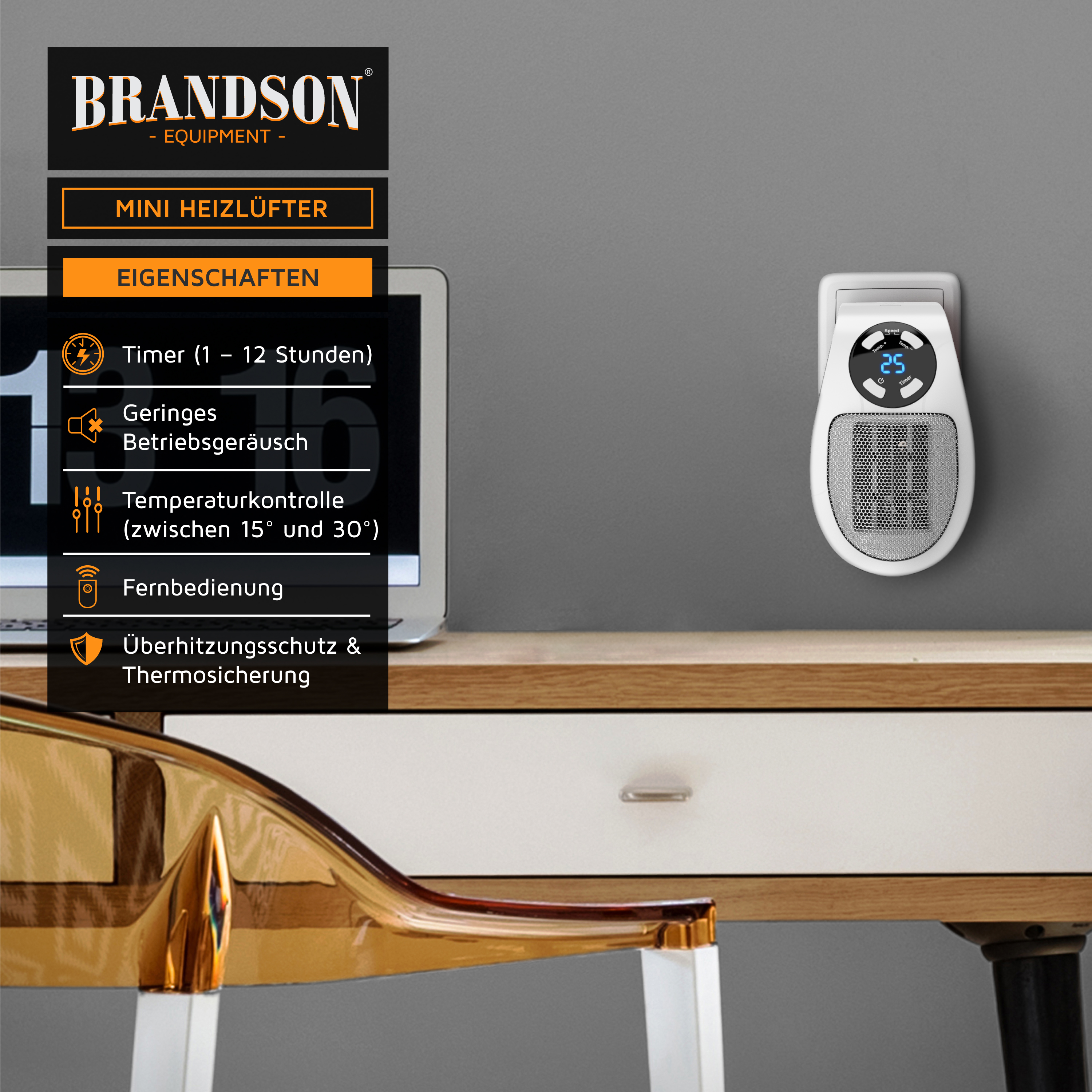 Brandson Mini-Heizgerät mit kompaktem Design, weißer Farbe, Digitalanzeige und Fernbedienung, montiert an einer Wand in der Nähe eines Schreibtisches.