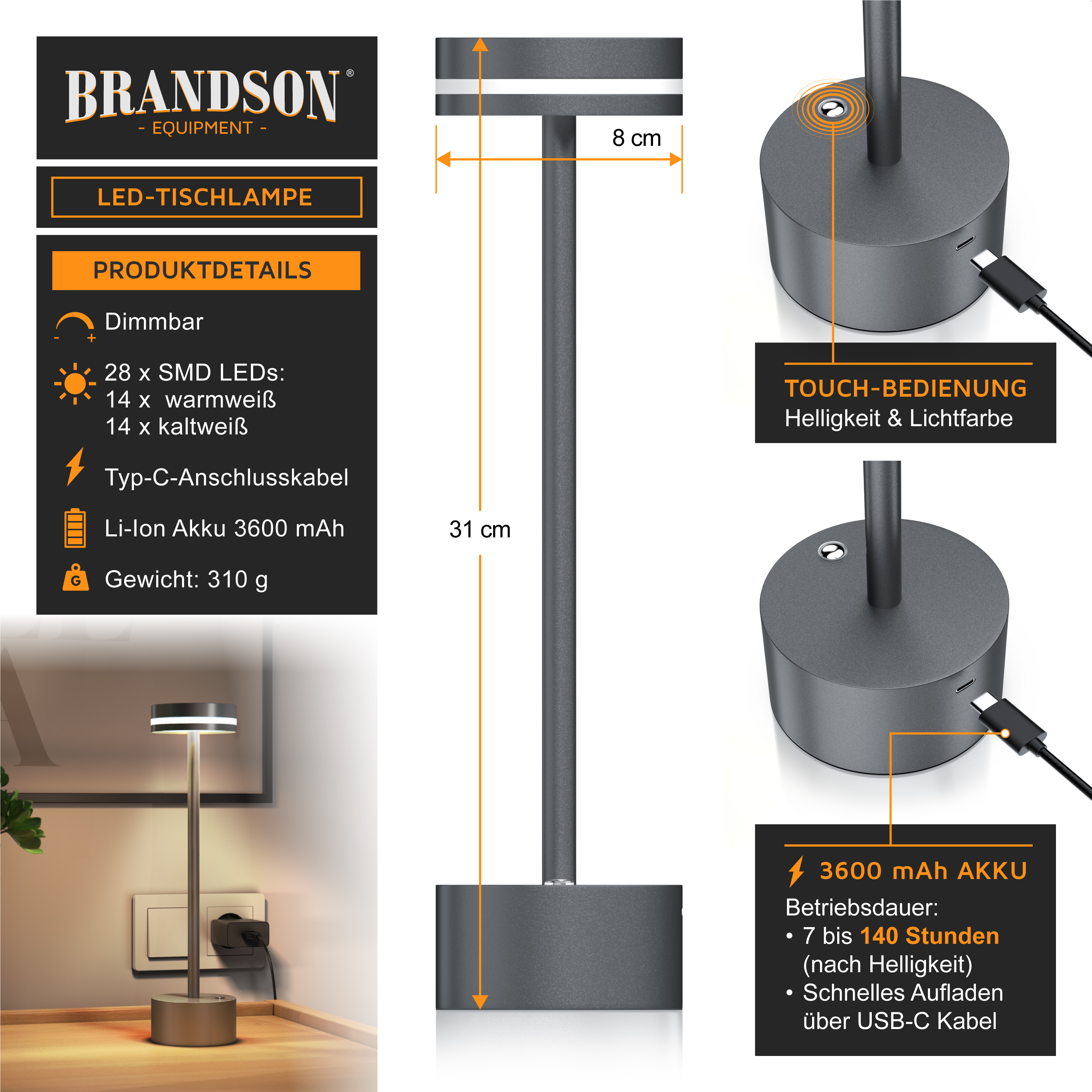 Brandson LED-Tischleuchte mit Touch-Steuerung, Dimmfunktion, schlankem Design und USB-C-Ladeanschluss.