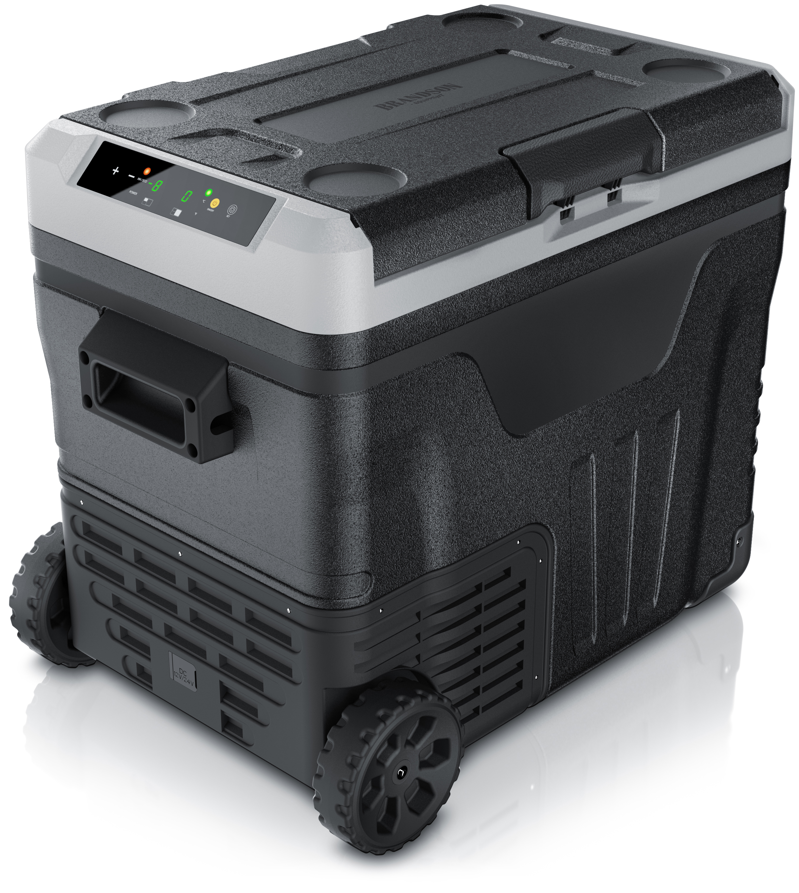 Brandson elektrische Kühlbox in Schwarz mit Rollen, Bedienfeld und Griff für einfache Mobilität und Nutzung im Freien.