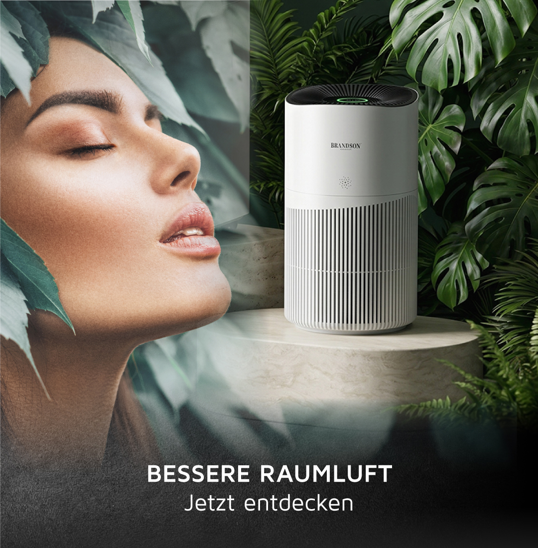 Brandson Luftreiniger in Weiß mit vertikalen Lüftungsschlitzen und einem runden oberen Bedienfeld, platziert in einer grünen Umgebung.