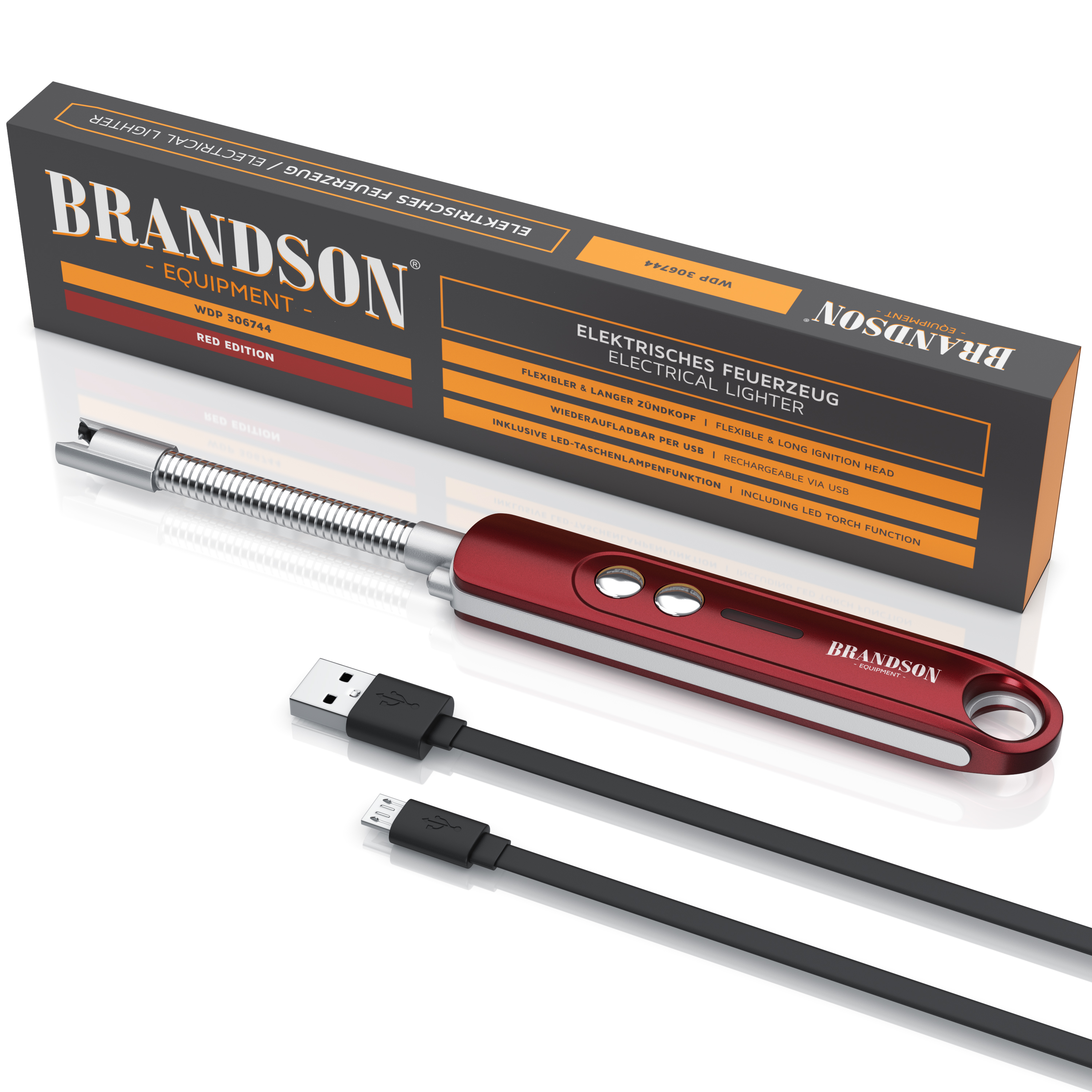 Elektrisches Brandson-Feuerzeug in Rot mit flexiblem Zündkopf, USB-Ladekabel und Verpackung.