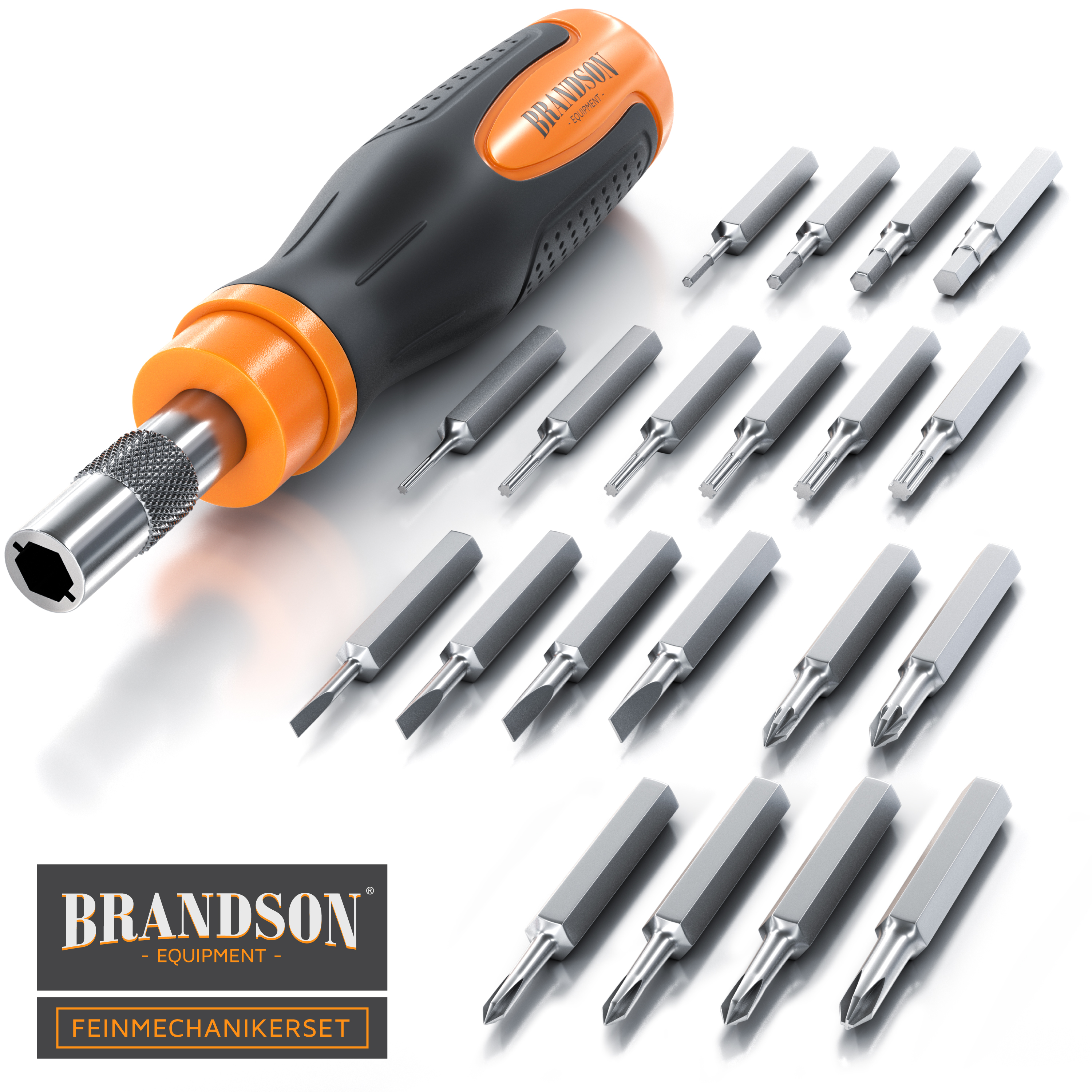 Brandson Feinmechanikset mit einem ergonomischen Schraubendreher und verschiedenen Einsätzen in silberner Farbe.