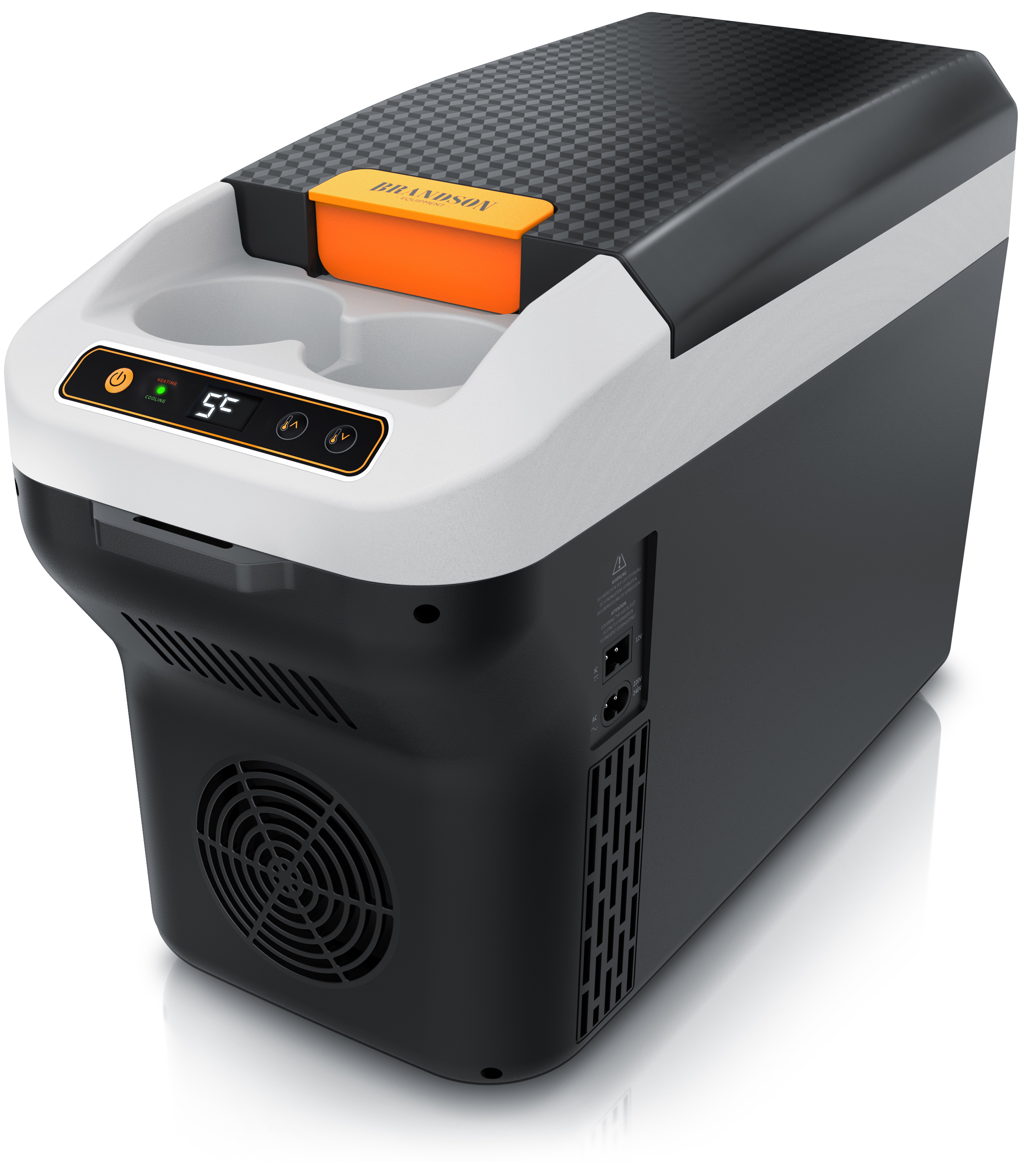 Mobile Kühlbox von Brandson mit elegantem Schwarz-Weiß-Design, Digitalanzeige und orangefarbenen Akzenten, Getränkehalter und Lüftungsgitter.