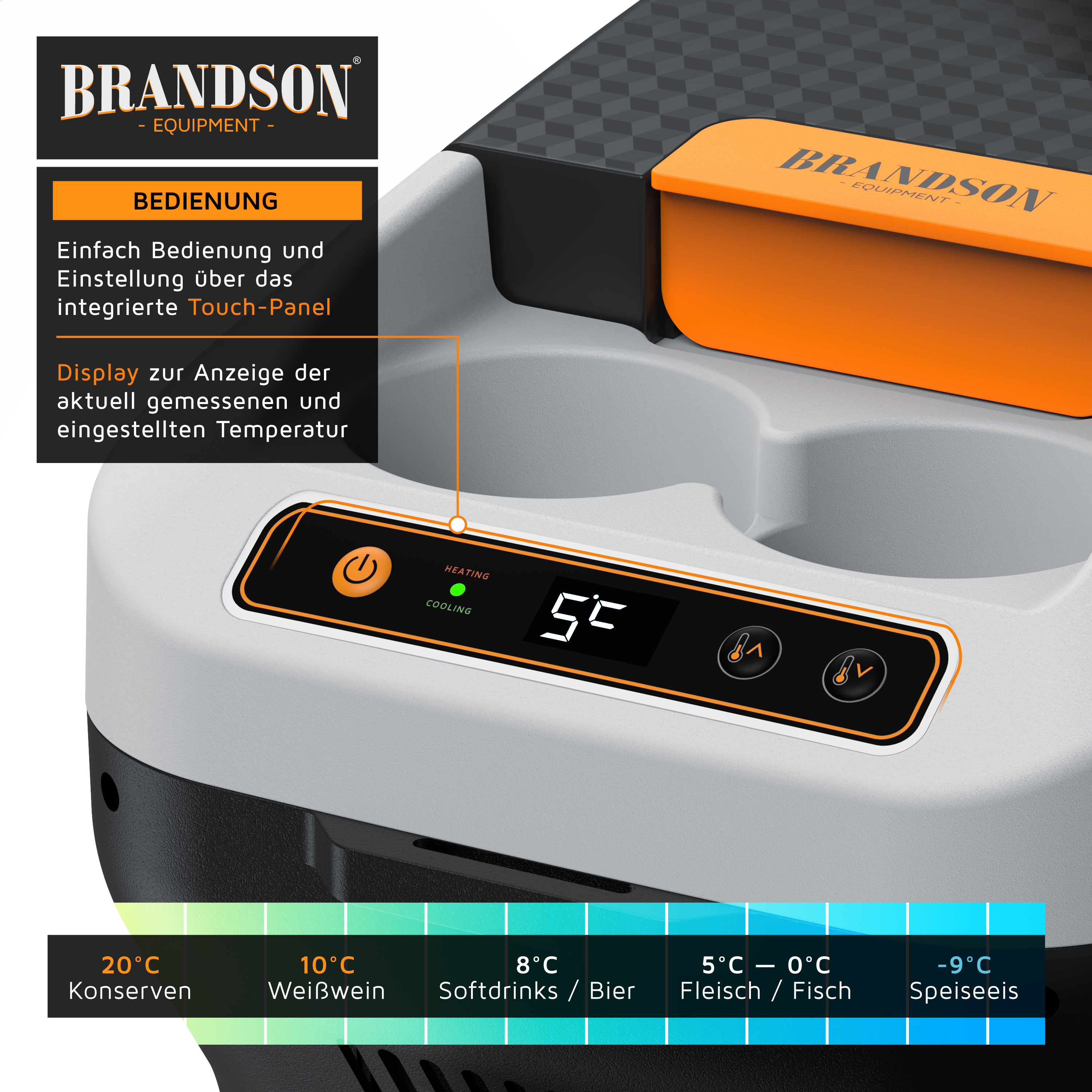Brandson elektrische Kühlbox mit integriertem Touch-Panel, Display zur Temperaturanzeige und orangefarbenem Deckel.