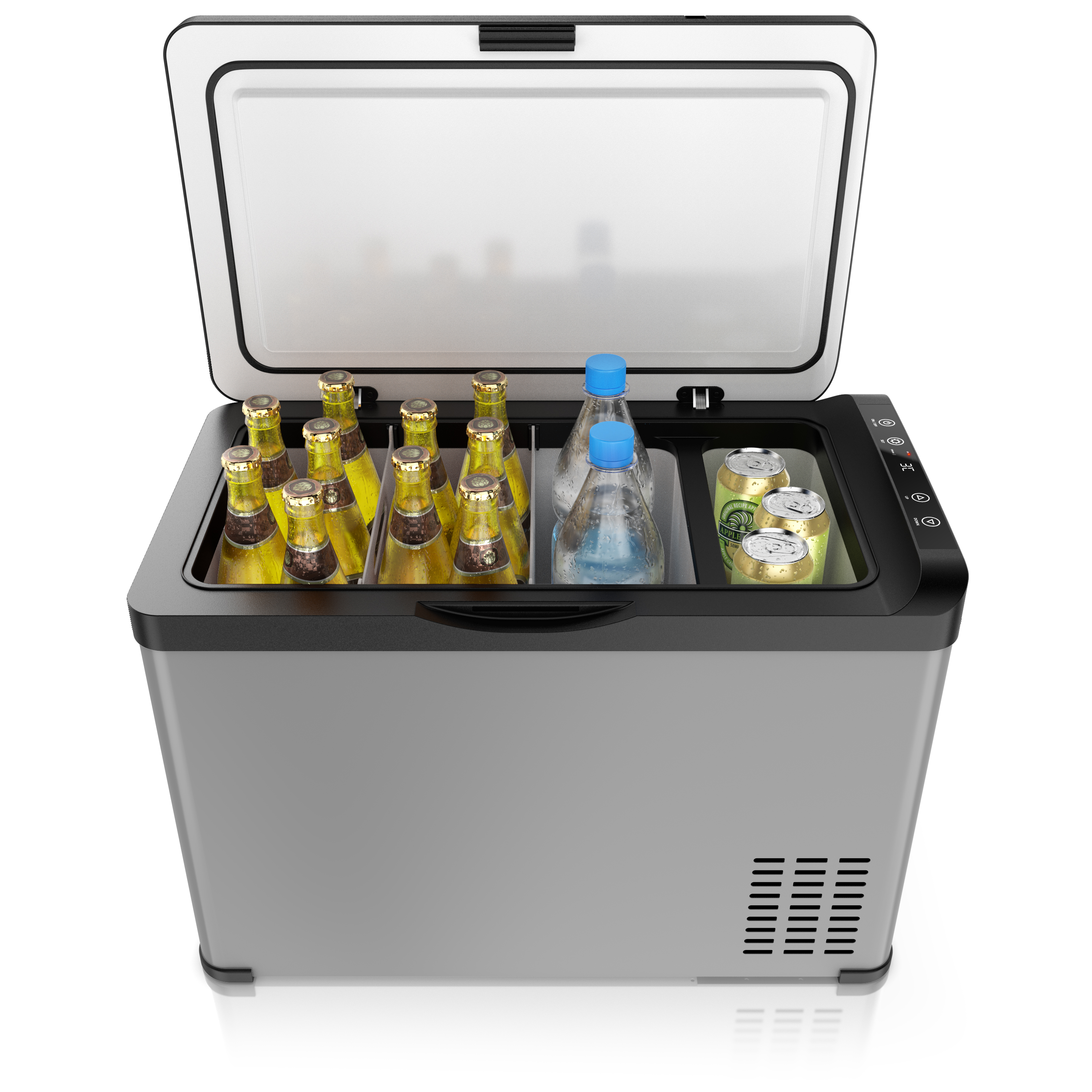 Brandson elektrische Kühlbox in Grau mit transparentem Deckel, gefüllt mit Flaschen und Dosen, Bedienfeld an der Seite sichtbar.
