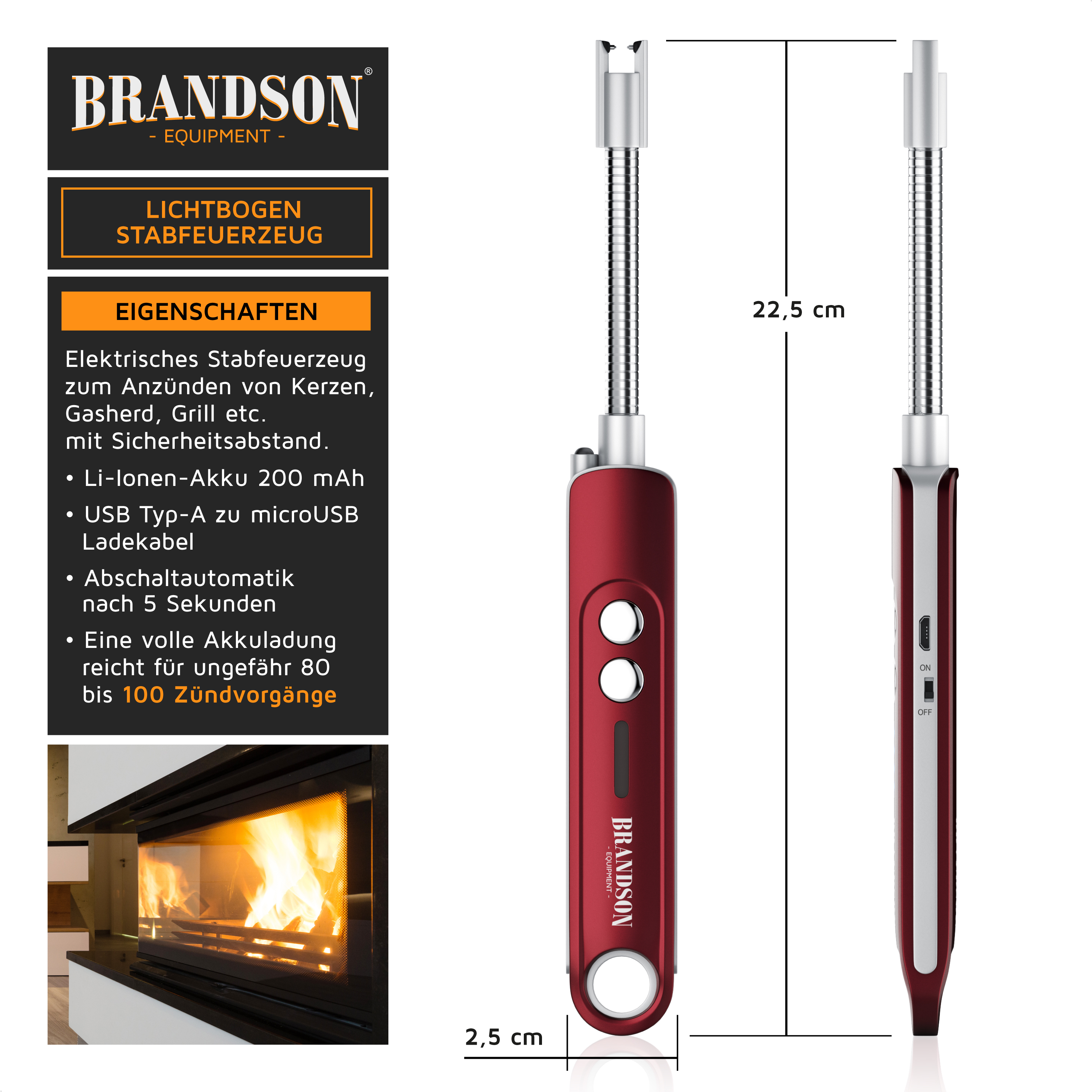 Brandson Lichtbogen-Stabfeuerzeug in Rot mit flexiblem Hals, zwei Bedientasten und USB-Ladeanschluss, ideal zum Anzünden von Kerzen und Grills.