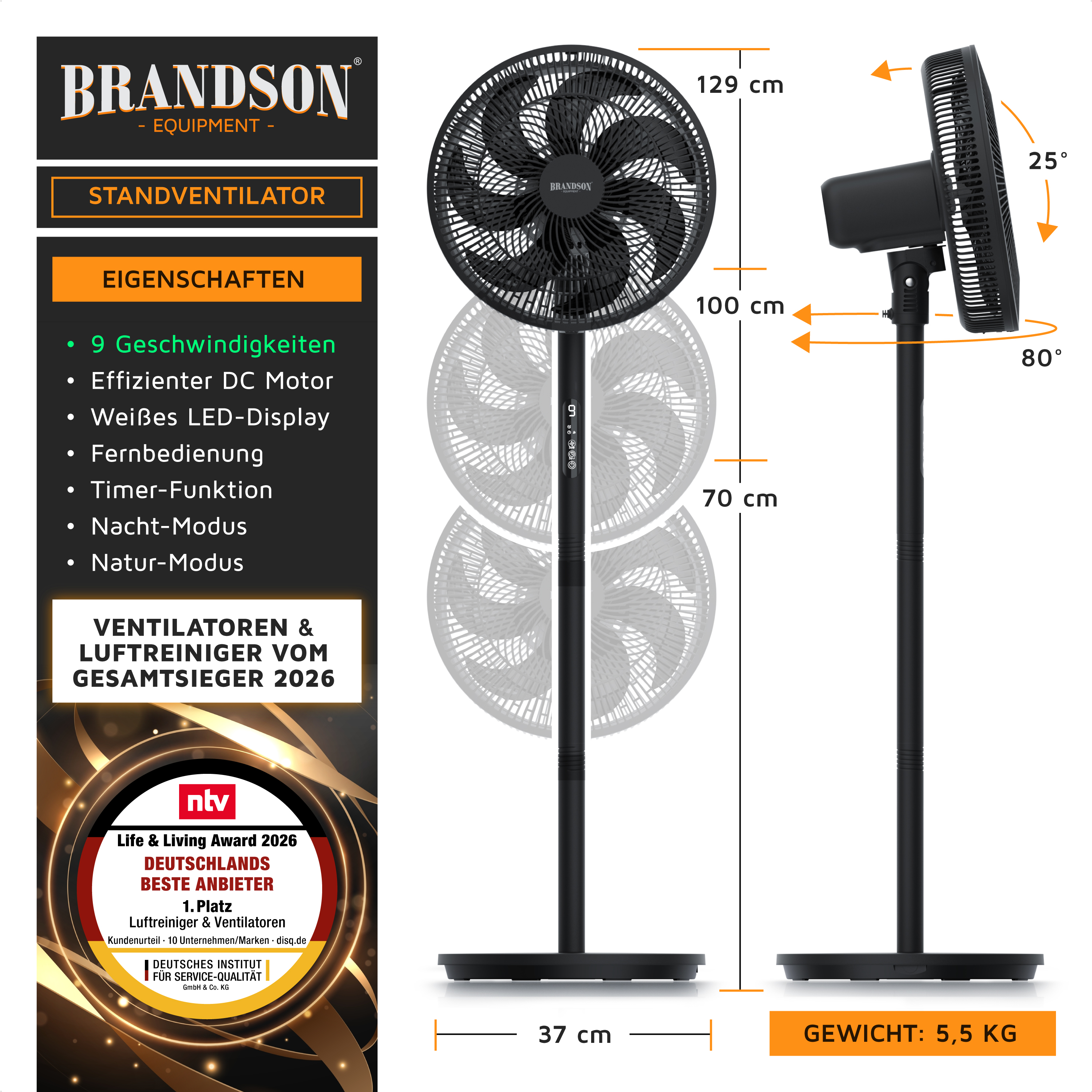 Standventilator von Brandson mit schwarzem Design, höhenverstellbarer Fernbedienung und weißem LED-Display für einfache Bedienung.