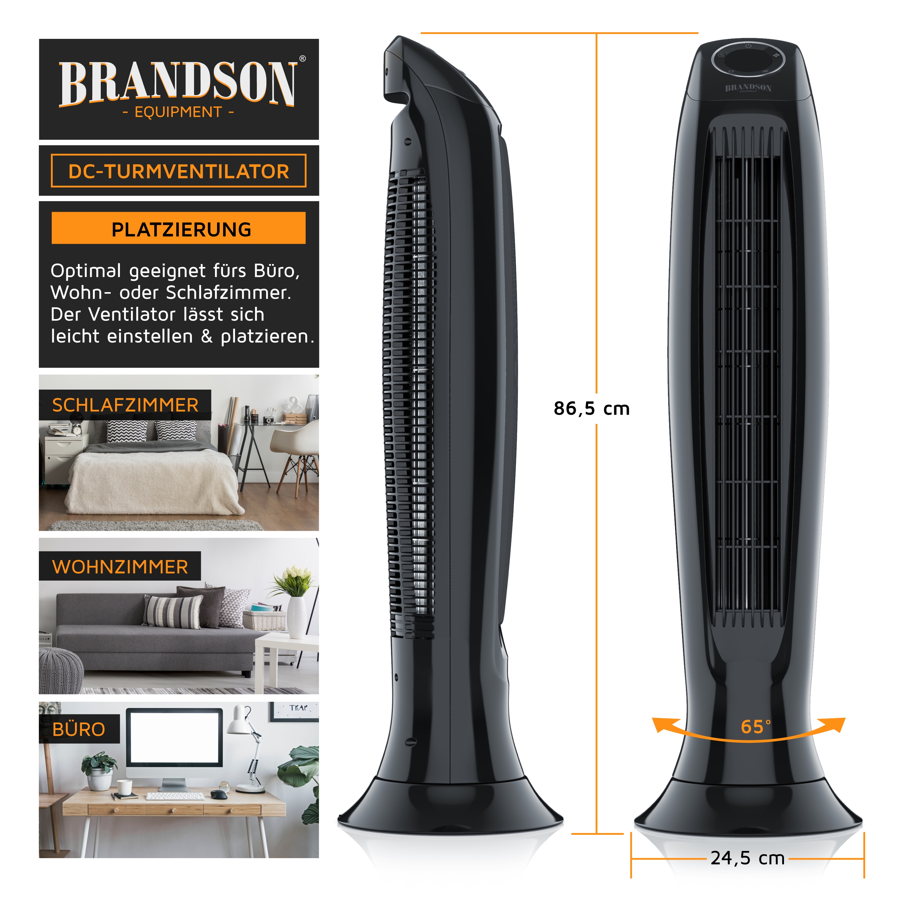 Brandson DC-Turmventilator in Schwarz mit schlanker Bauform, leicht einstellbar, ideal für Schlafzimmer, Wohnzimmer und Büro.