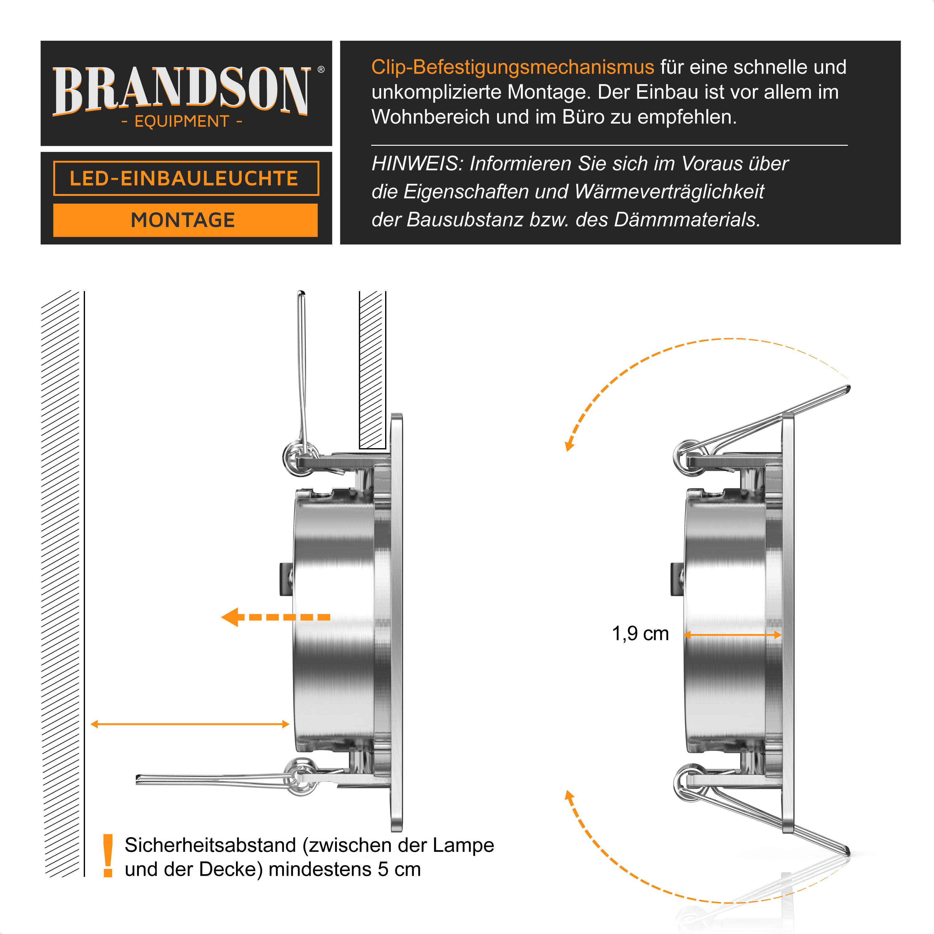Brandson LED Einbauleuchte mit Clip-Befestigungsmechanismus für einfache Montage, geeignet für Wohn- und Büroräume.