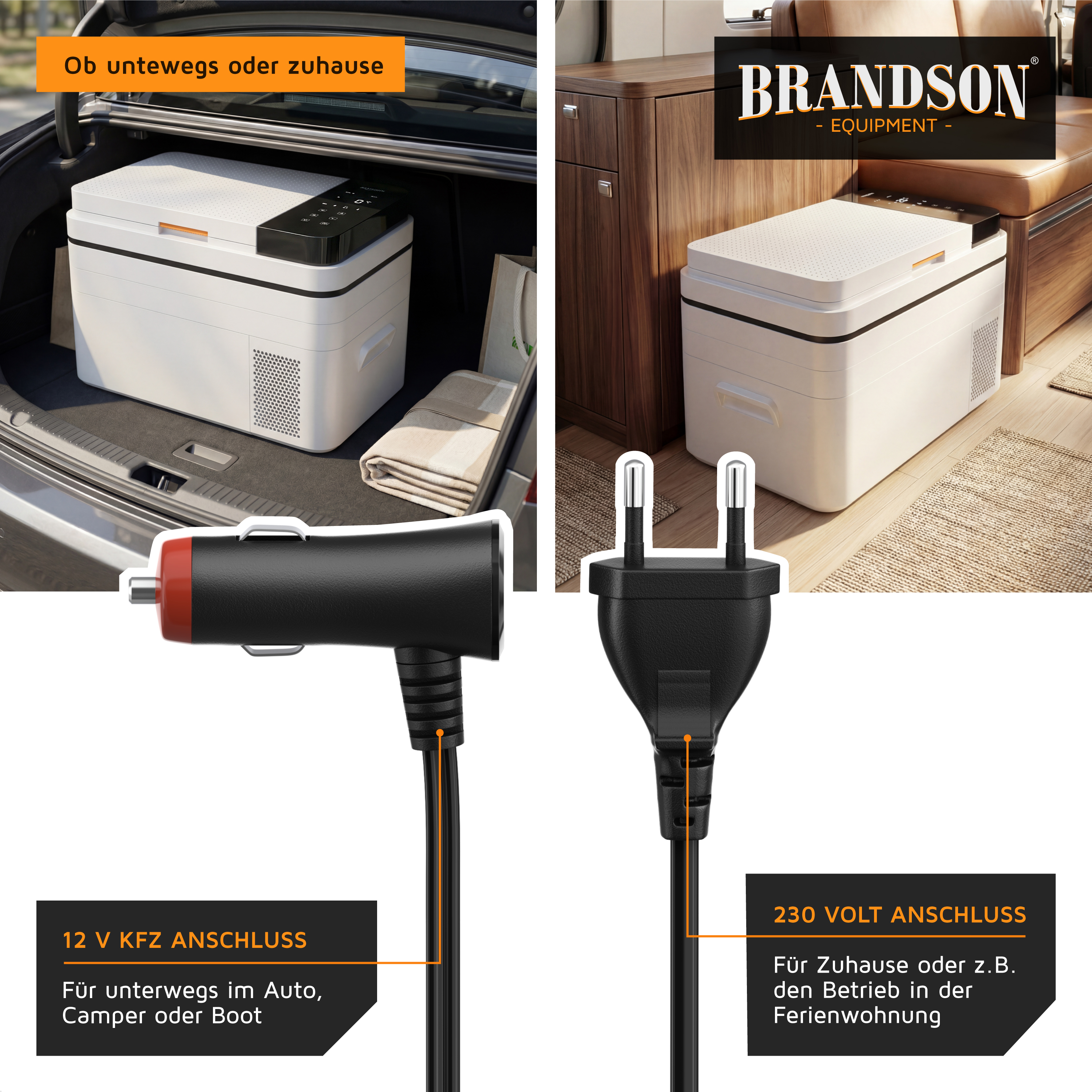 Brandson elektrische Kühlbox in zwei Nutzungssituationen, einmal im Auto und einmal im Wohnraum, mit 12 V und 230 V Anschlussmöglichkeiten.