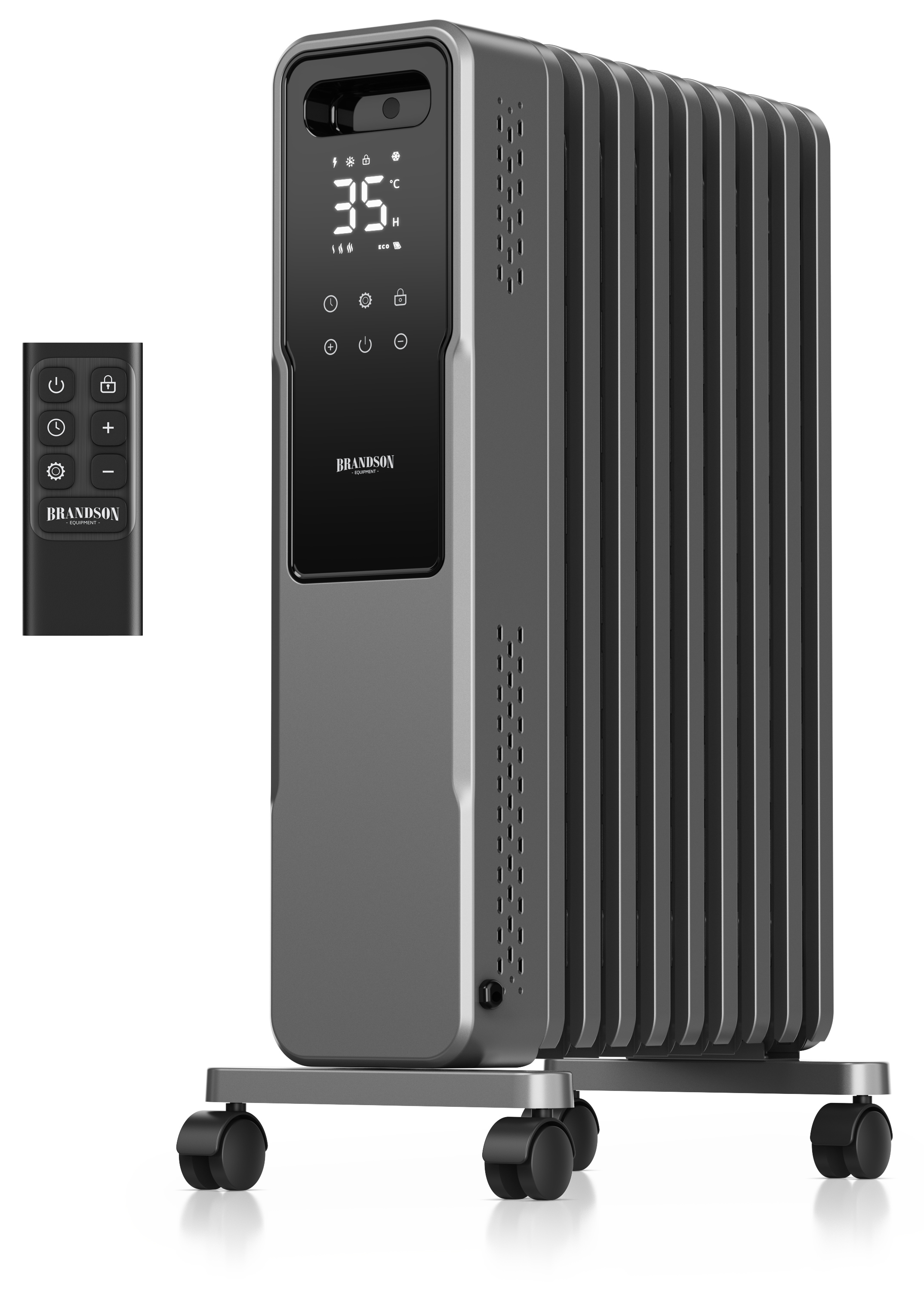 Brandson-Ölradiator in Dunkelgrau mit Digitalanzeige, Touch-Bedienfeld und mitgelieferter Fernbedienung, montiert auf einem mobilen Sockel mit Rädern.